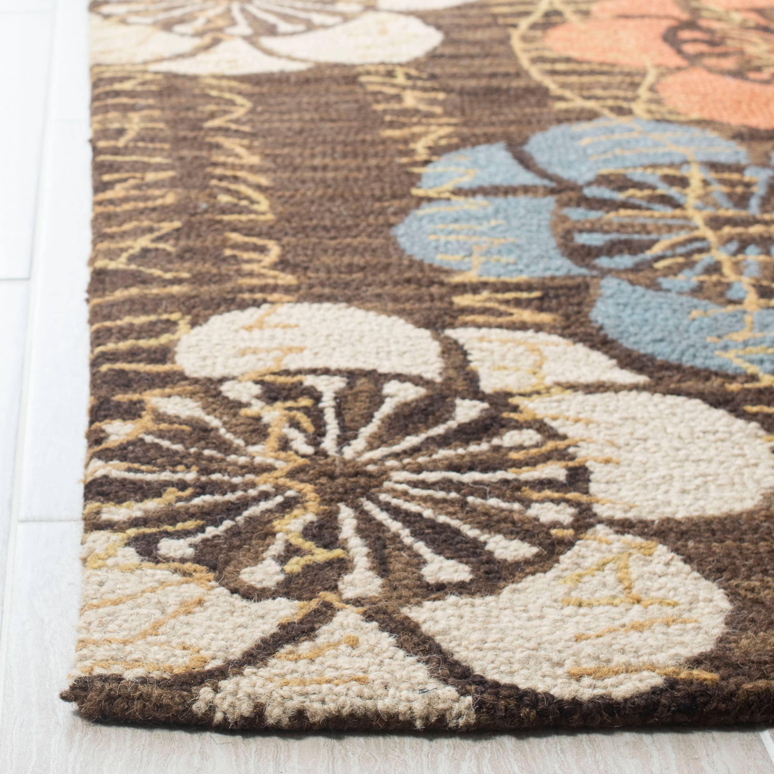 Handmade Tufted Blue and Brown Wool Floral Rug