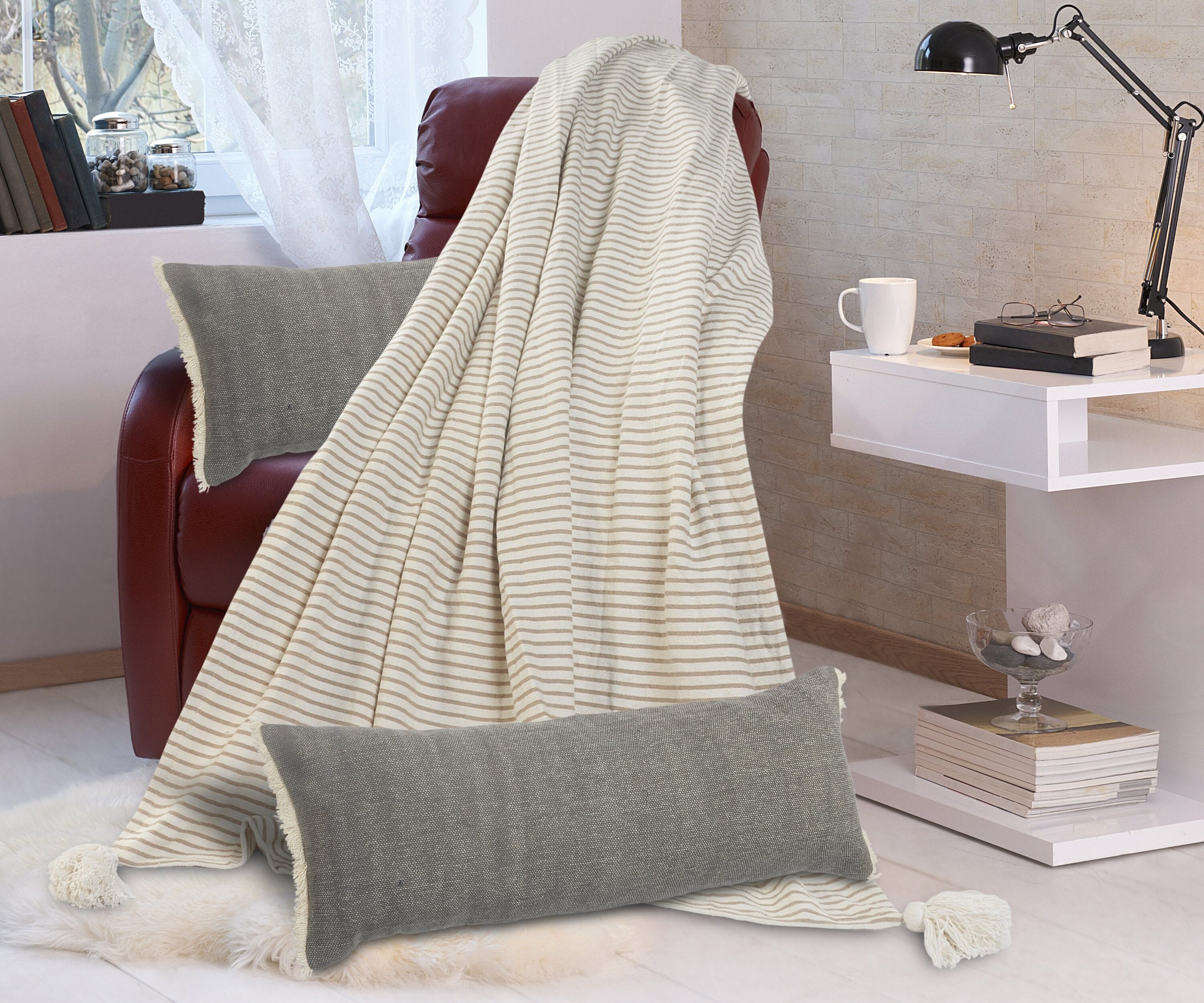 Charcoal Gray Cotton Fringed Rectangular Throw Pillow 14" x 36"