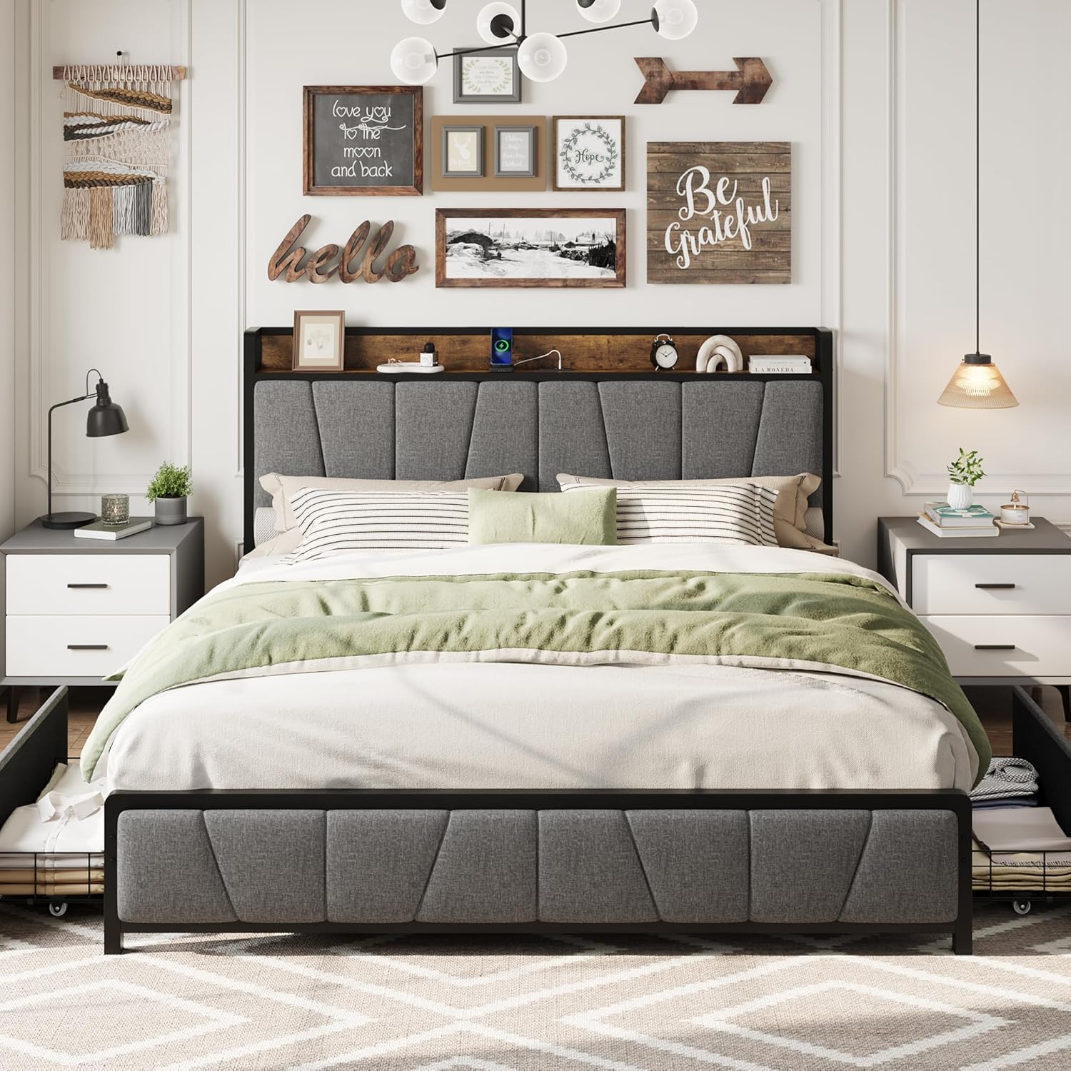 Qeetex LHF-BED-PHO-10VU7YU1 King Size Bed Frame with 2 Storage Drawers and Charging Station Rustic Linen Upholstered Platform Bedframe with Storage Headboard Heavy Duty No Box Spring Needed Easy Assembly Noise Free