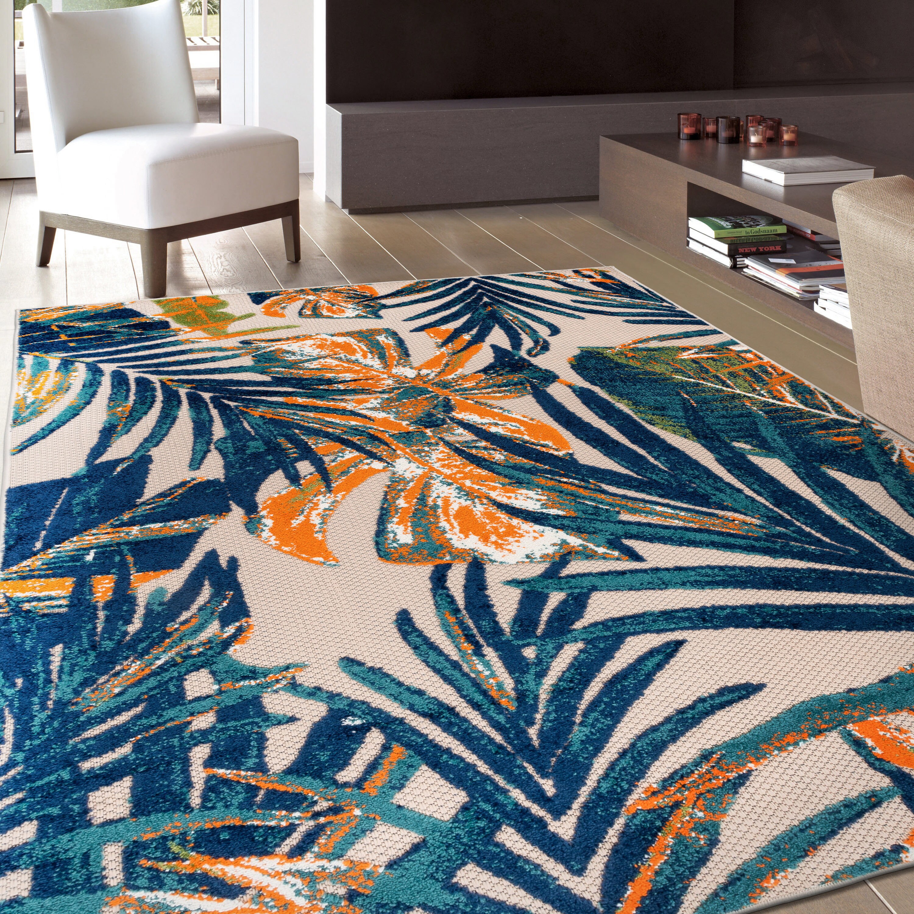 World Rug Gallery Floral Tropical Indoor/Outdoor Area Rug - Blue 7'10 x 10