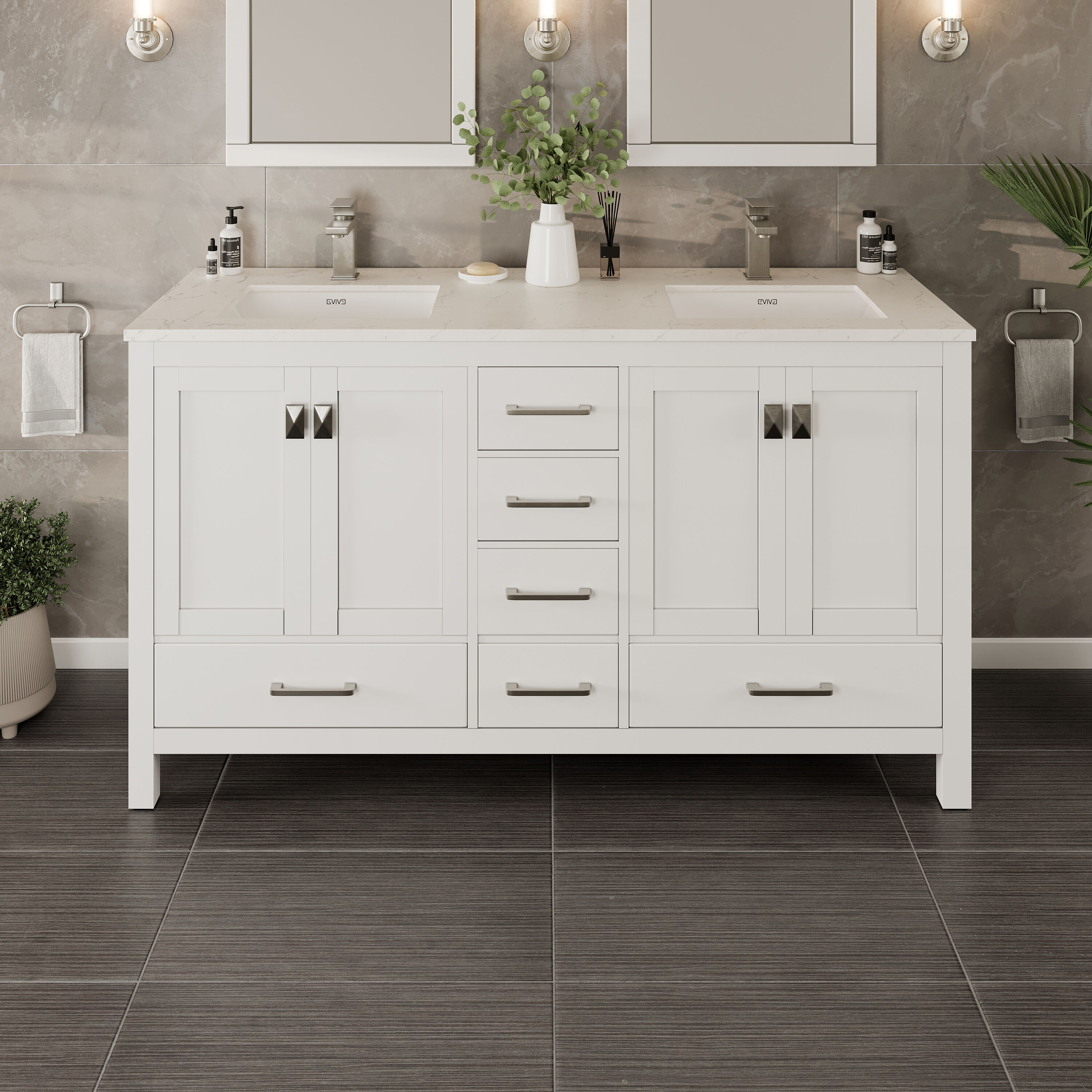 Eviva TVN414-60X18WH London 60-in White Undermount Double sink Bathroom Vanity with White Quartz Top