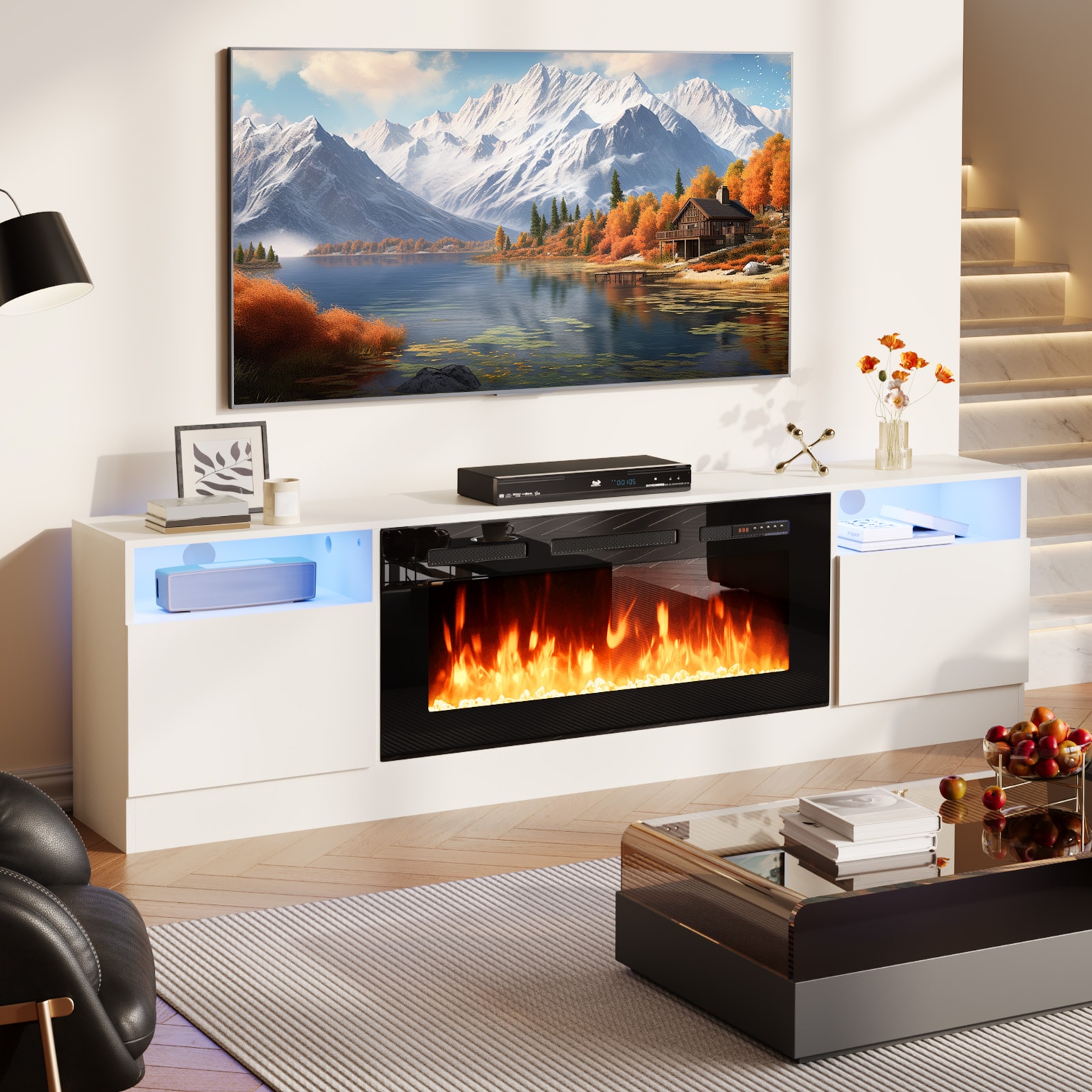 Bapipro TE13A70W 70-in W White TV Stand with Infrared quartz Flat wall Electric Fireplace with Remote Control Included