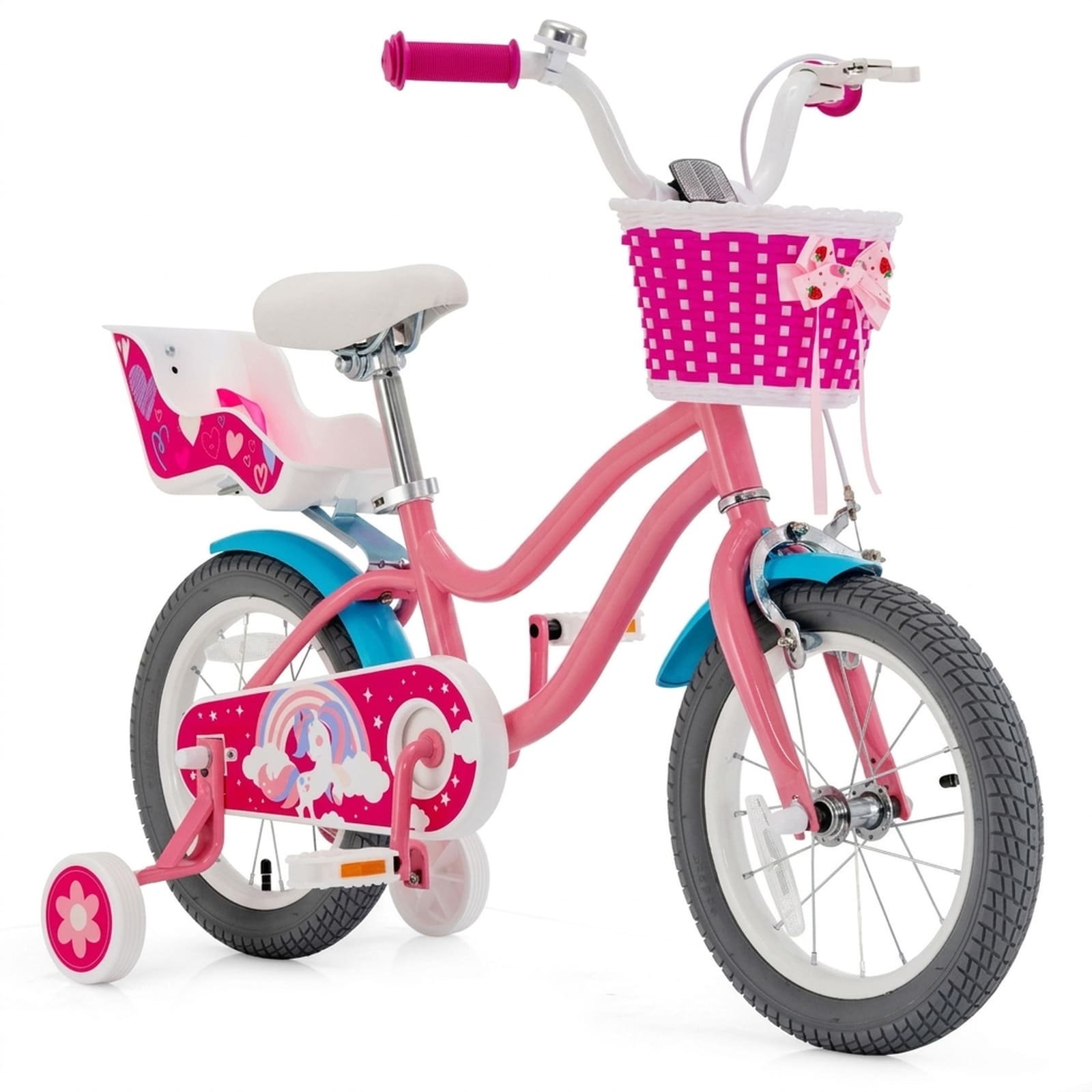 SUGIFT 14-in Kids Bicycle with Training Wheels Basket and Doll Seat for Boys and Girls Pink