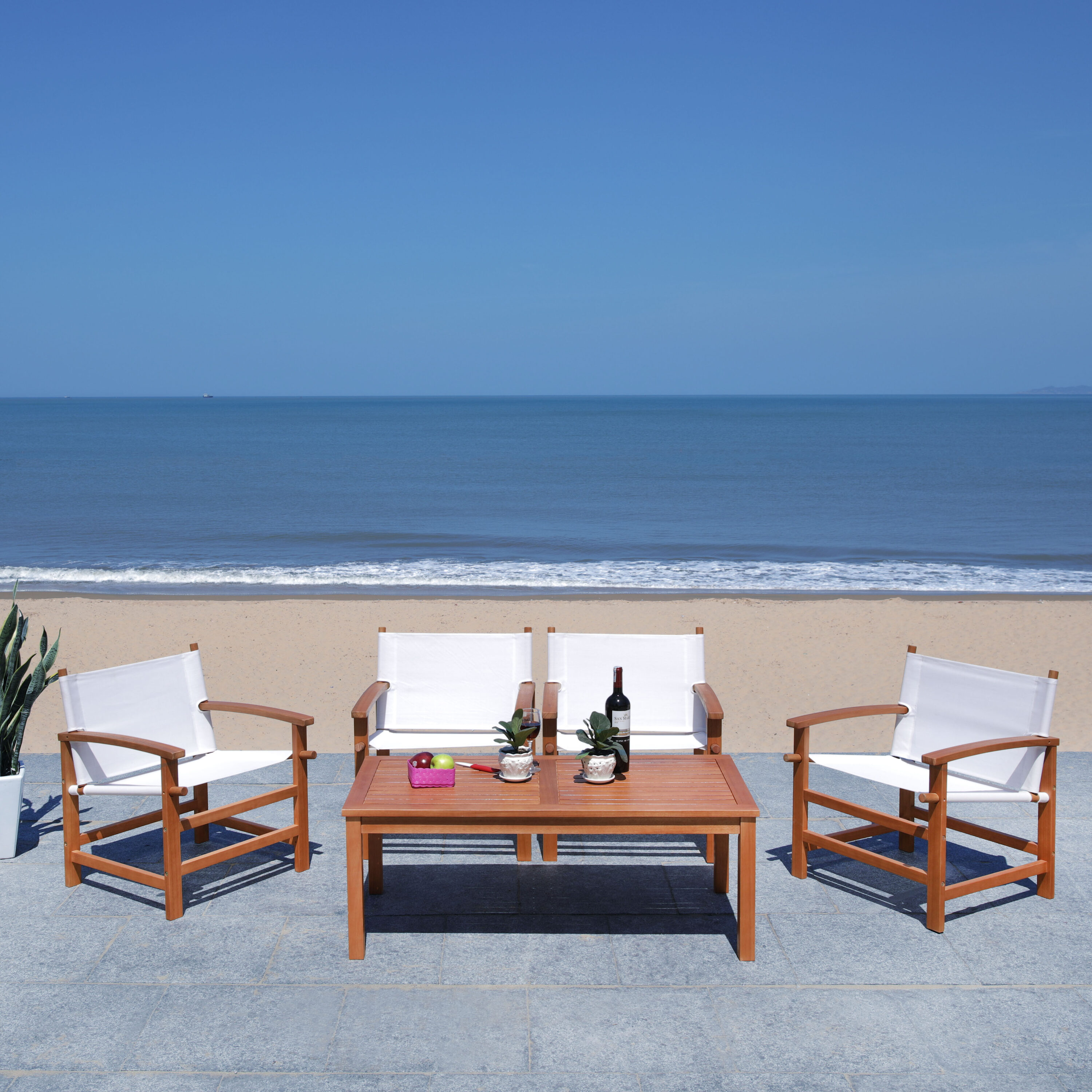 Natural Eucalyptus Wood Outdoor Dining Set with Beige Armchairs
