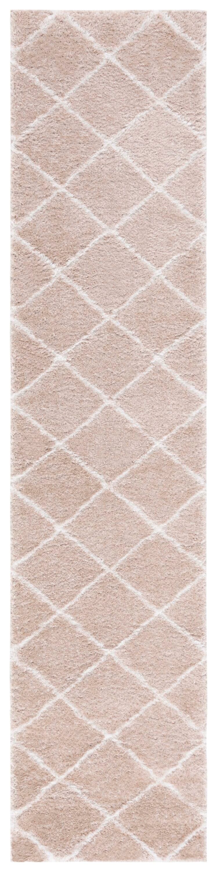 Beige and White Geometric Shag Runner Rug 2' x 9'