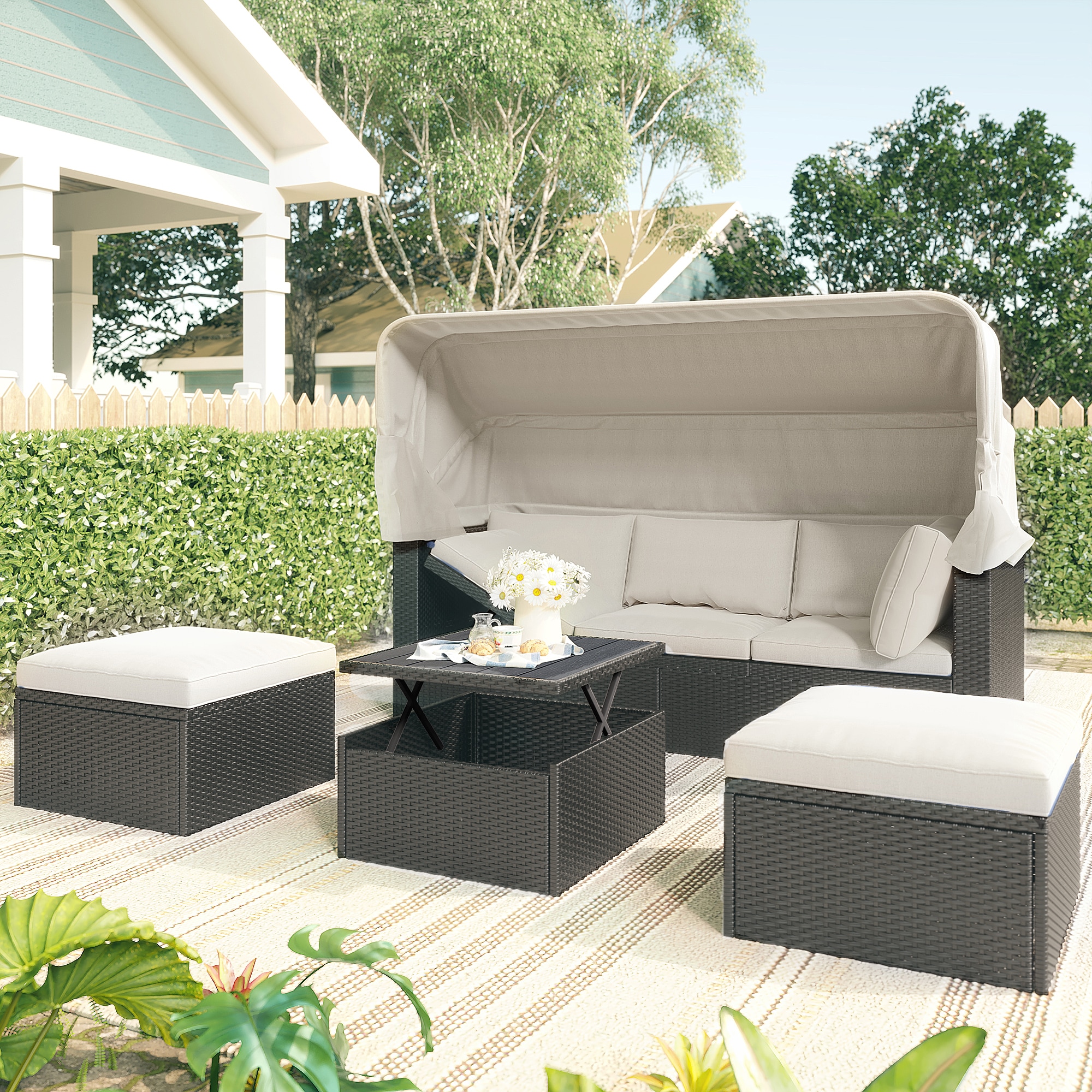 Bayfeve BFUS-263AK 4-Piece Rattan Patio Daybed Conversation Set with Beige Cushions and Retractable Canopy