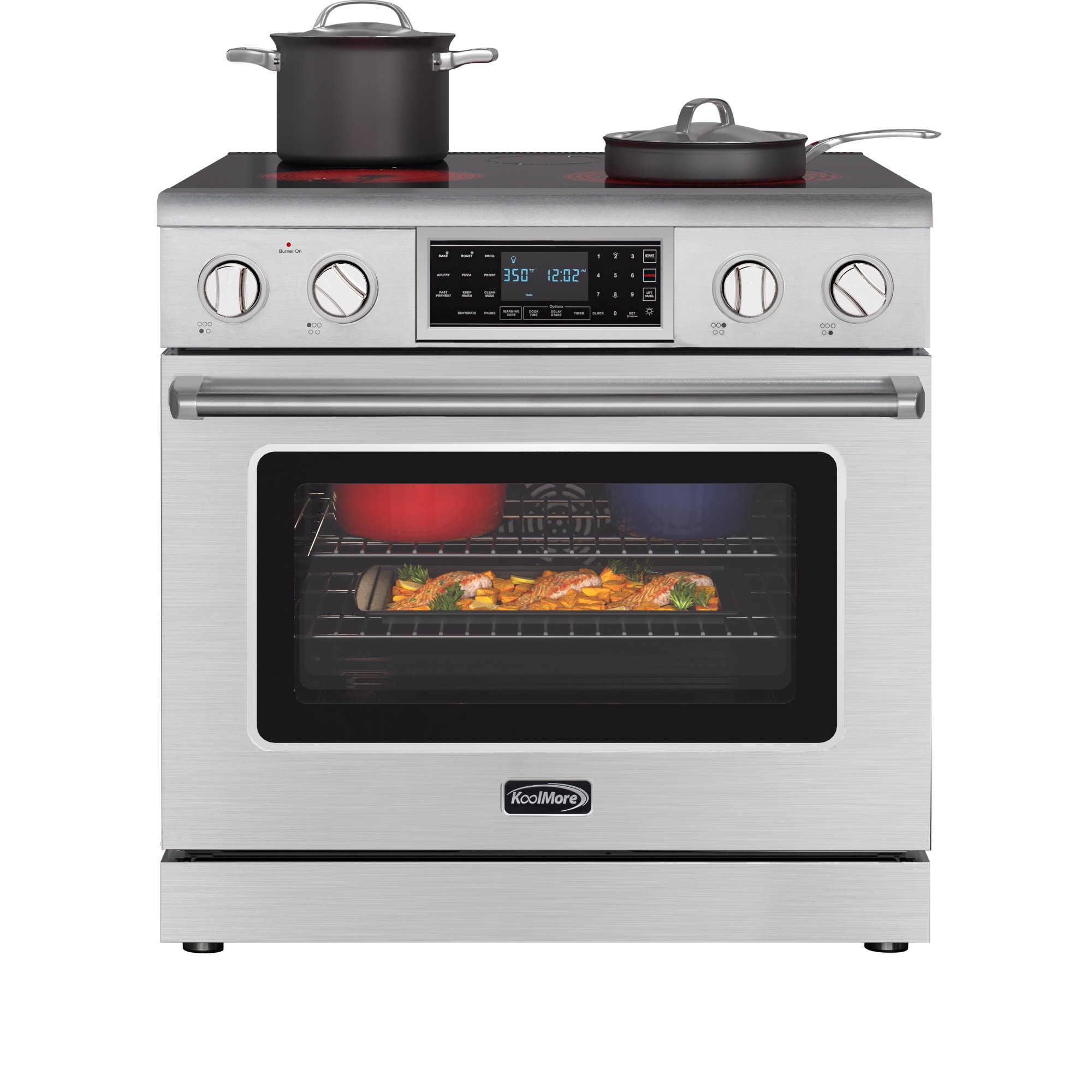 36-in Glass Top 5 Burners 6-cu ft Air Fry Freestanding Electric Range (Stainless Steel) | - KoolMore LOW-KM-EPR-36TDP-SS