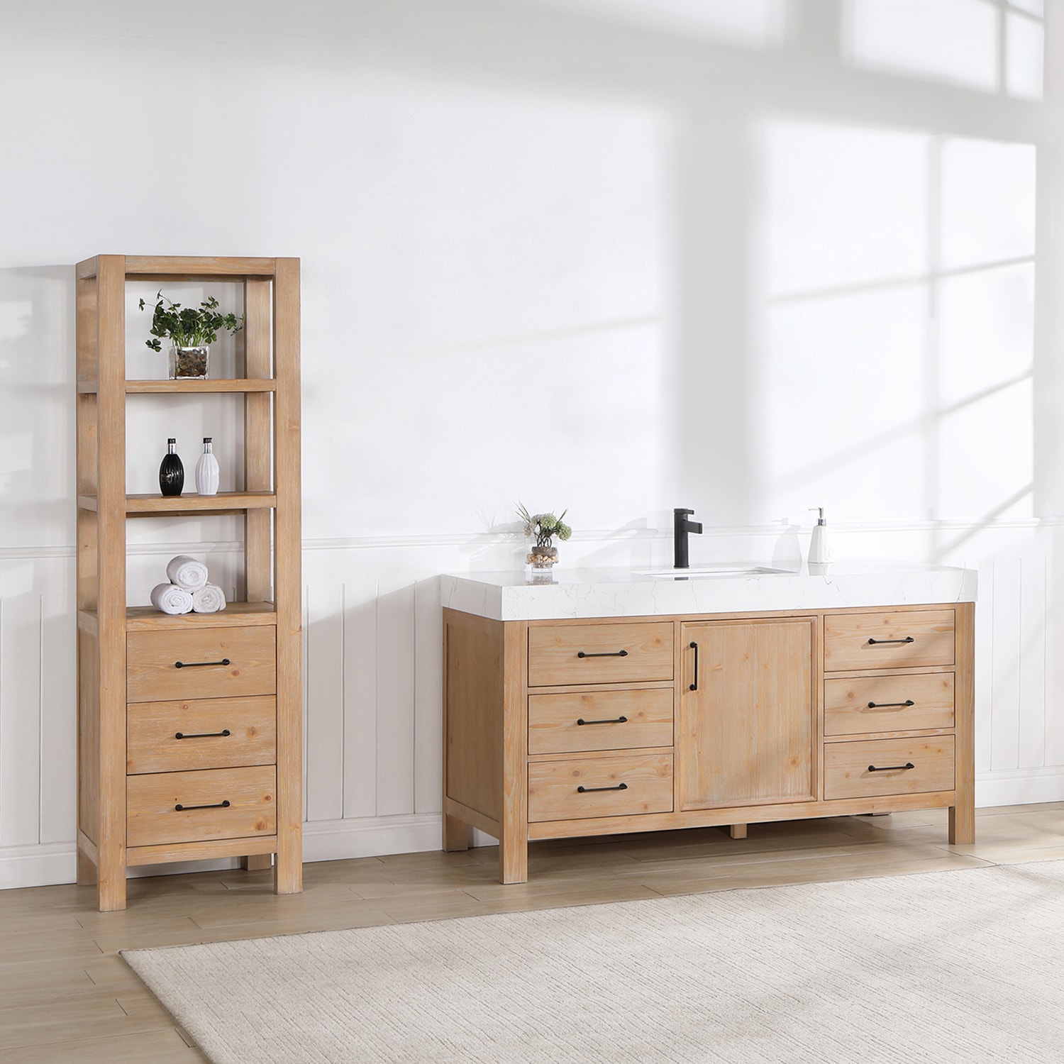Leon 60" Fir Wood Brown Bathroom Vanity with White Composite Top