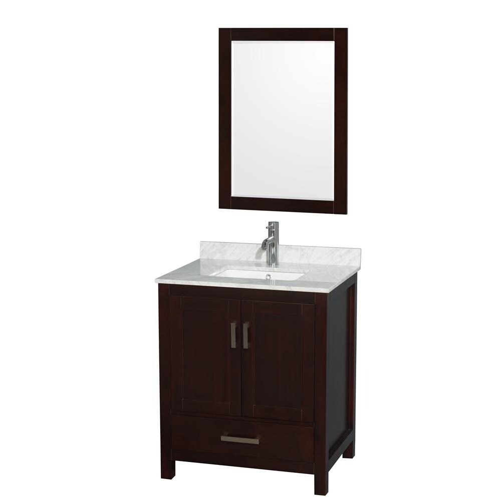 Wyndham Collection WCS141430SESCMUNSM24 Sheffield 30-in Espresso with Brushed Chrome Trim Undermount Single sink Bathroom Vanity with White Carrara Marble Natural marble Top (Mirror Included)