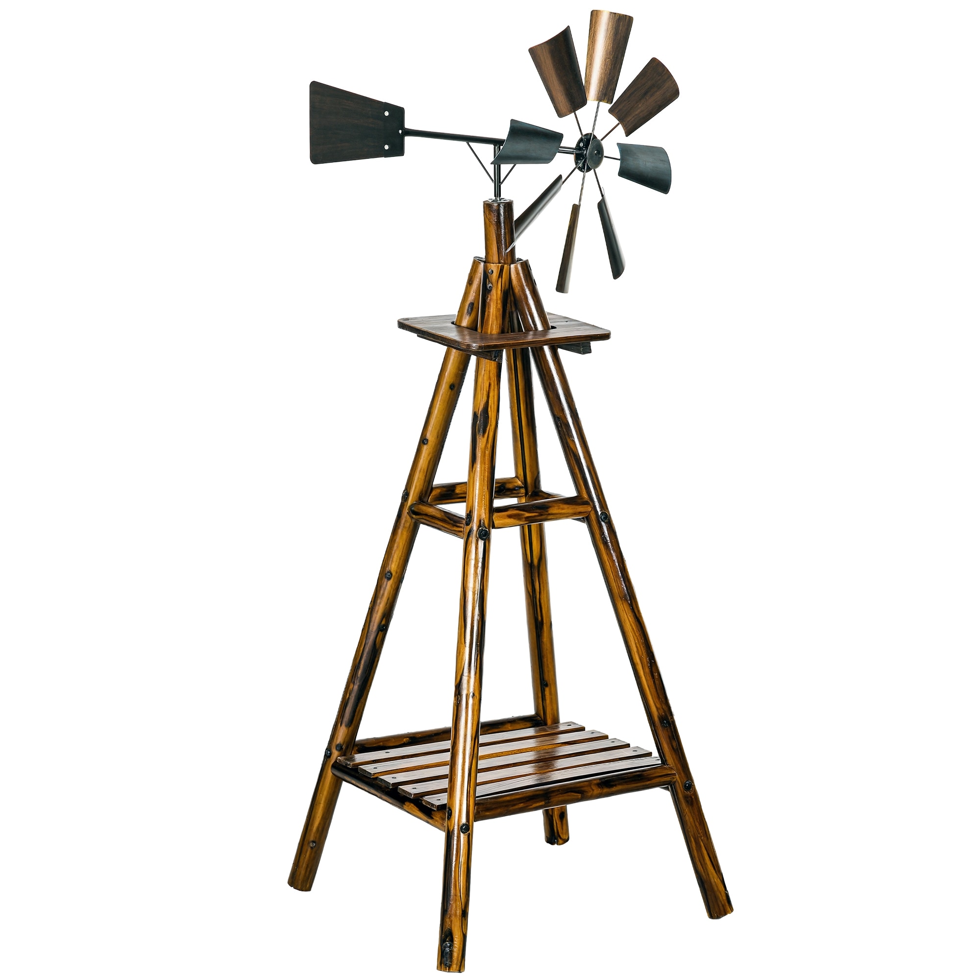 Outsunny Windmill Weathervane with Bottom Shelf Freestanding Weather Vane with Windmill Head Stained Wood