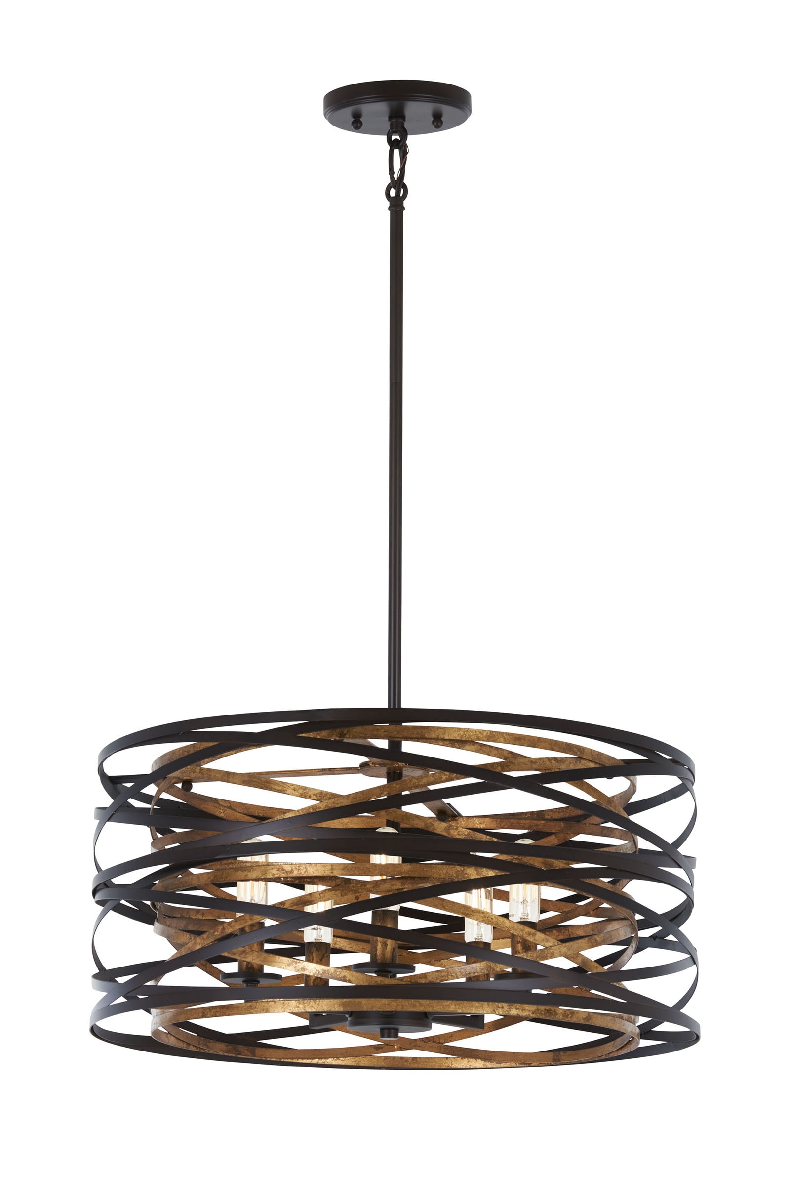Elegant Vortic Flow Drum Pendant in Dark Bronze with Mosaic Gold Interior, 20"