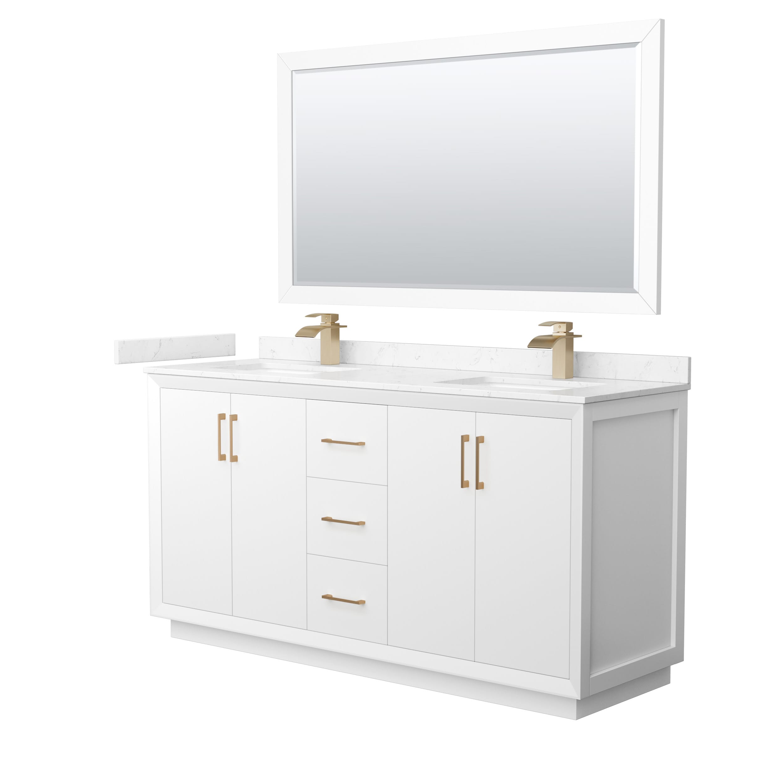 Wyndham Collection WCF414166DWZC2UNSM58 Strada 66-in White with Satin Bronze Trim Undermount Double Sink Bathroom Vanity with Carrara Cultured Marble Top (Mirror Included)