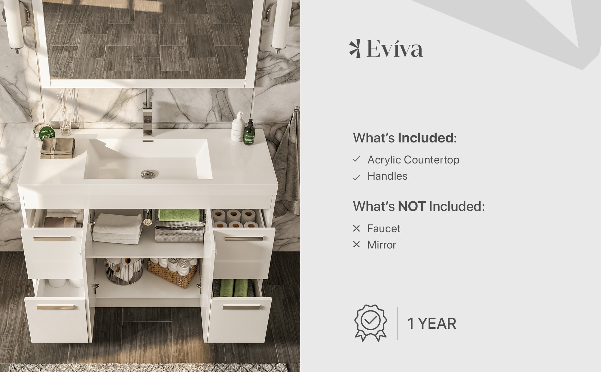Lugano 48" White Modern Freestanding Single Sink Bathroom Vanity