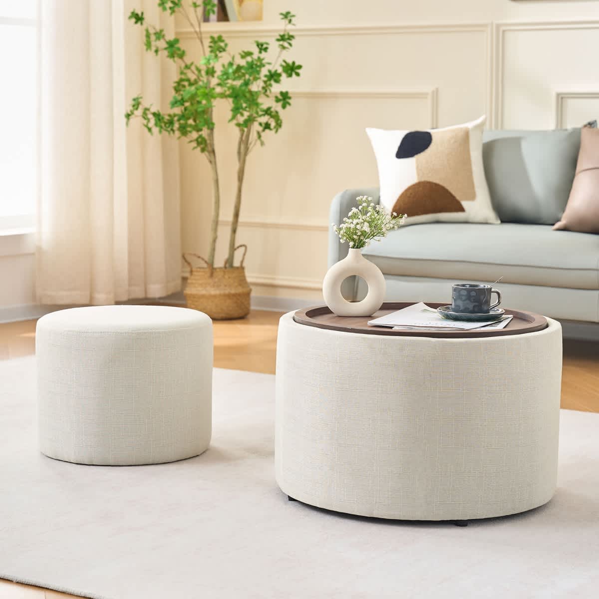 Maison Boucle Beige Linen Round Storage Accent Ottoman Set of 2 Nesting Footstools with Removable Tray