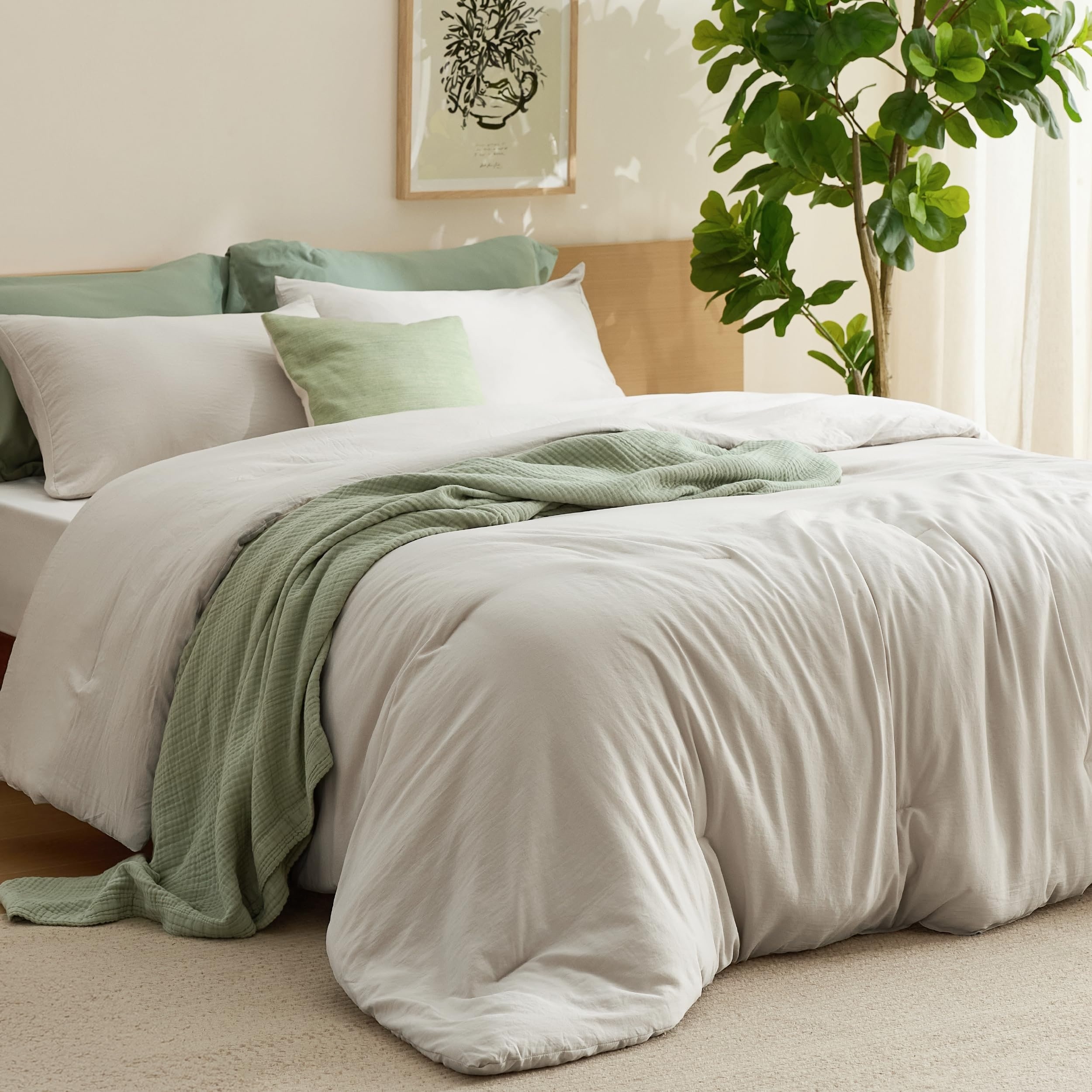 Bedsure 90x90 Queen 3-Piece Beige Cotton Comforter Set