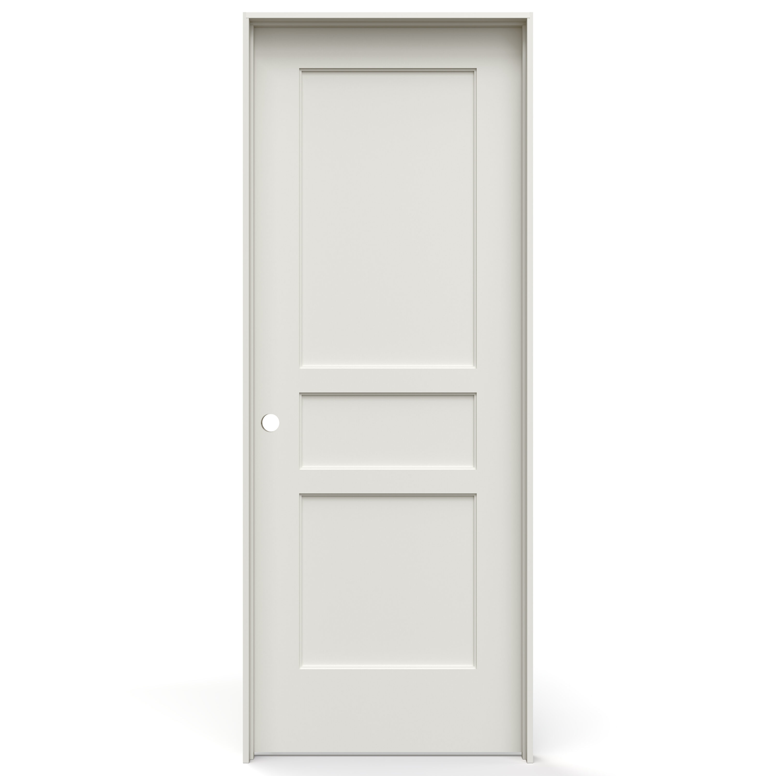 JELD-WEN LOWOLJW247700088 28-in x 80-in Primed Solid core 3-panel square Right hand Smooth Primed MDF Flat Jamb Single Prehung Interior Door
