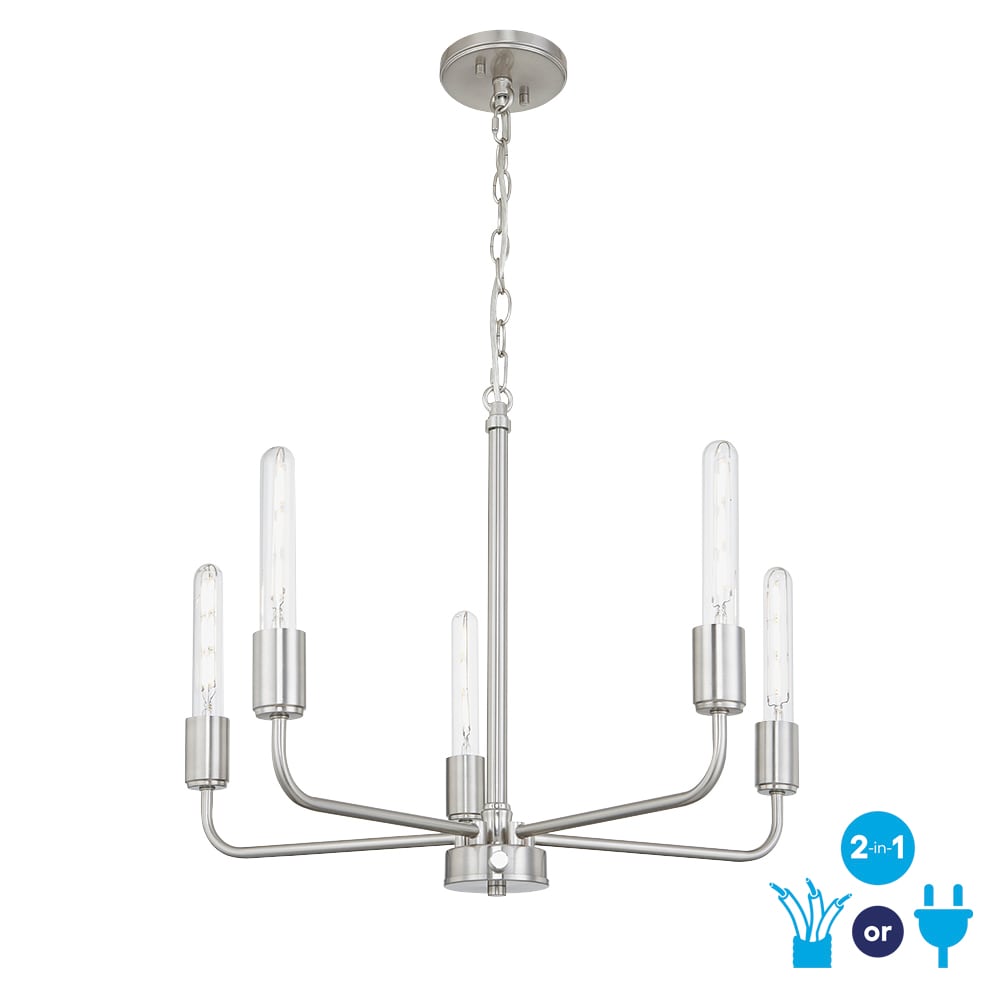 allen + roth LW1852-BN-CV Aldyn 5 -Light Brushed Nickel Transitional Plug-in/Hardwired Bare bulb For Use in Bedrooms, Dining Rooms, Foyers, Kitchens, Living Rooms Chandelier