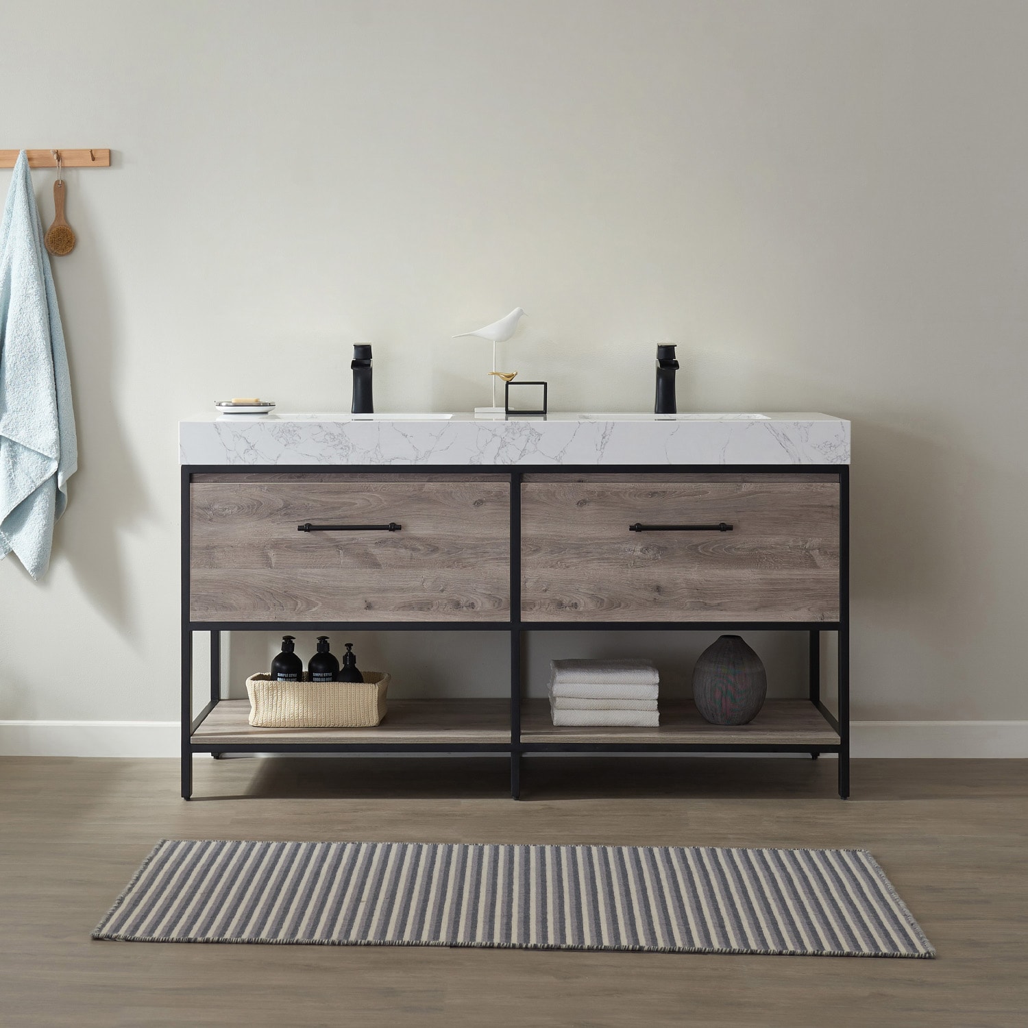 Vinnova 701260-MXO-GW-NM Palma 60-in Mexican Oak Undermount Double sink Bathroom Vanity with White Engineered stone Top