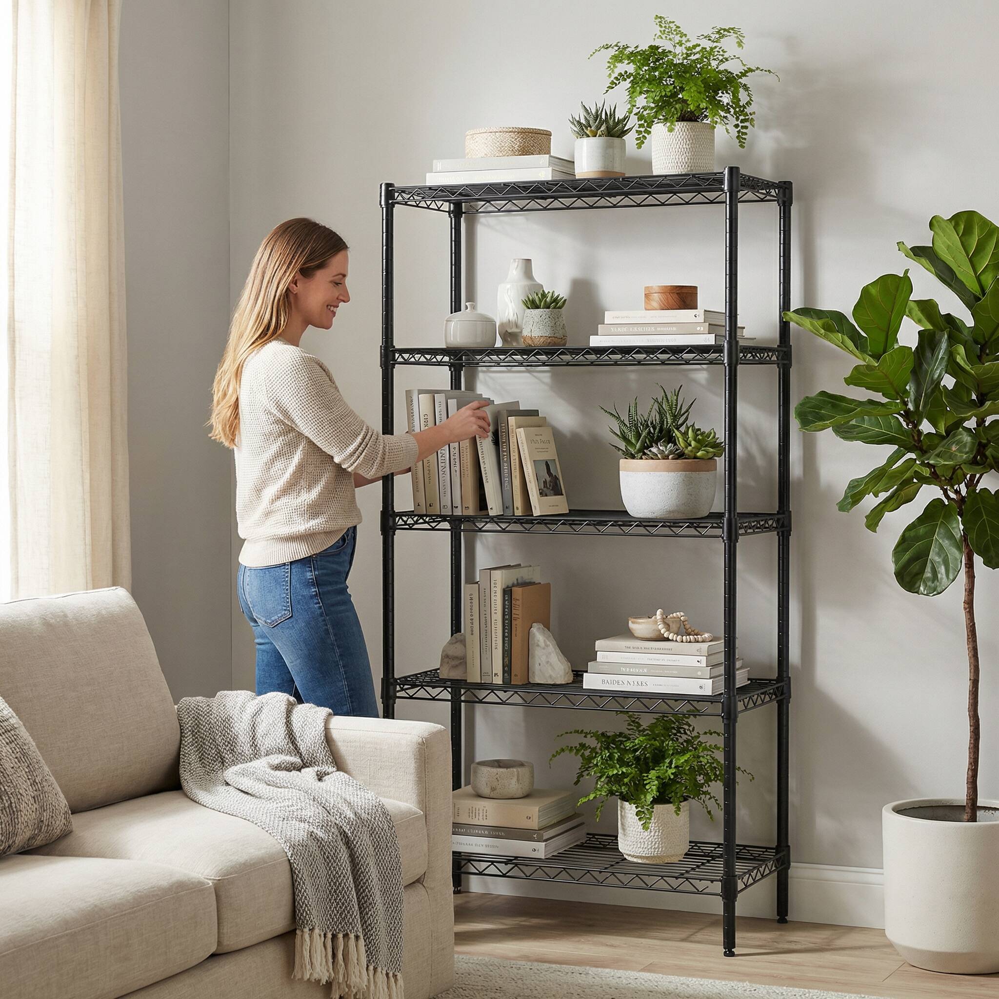 Vynxaria 5-Tier 14 in W x 59 in H x 30 in D Rolling Black Metal Wire Shelving Unit #LS0513H-3895-460440