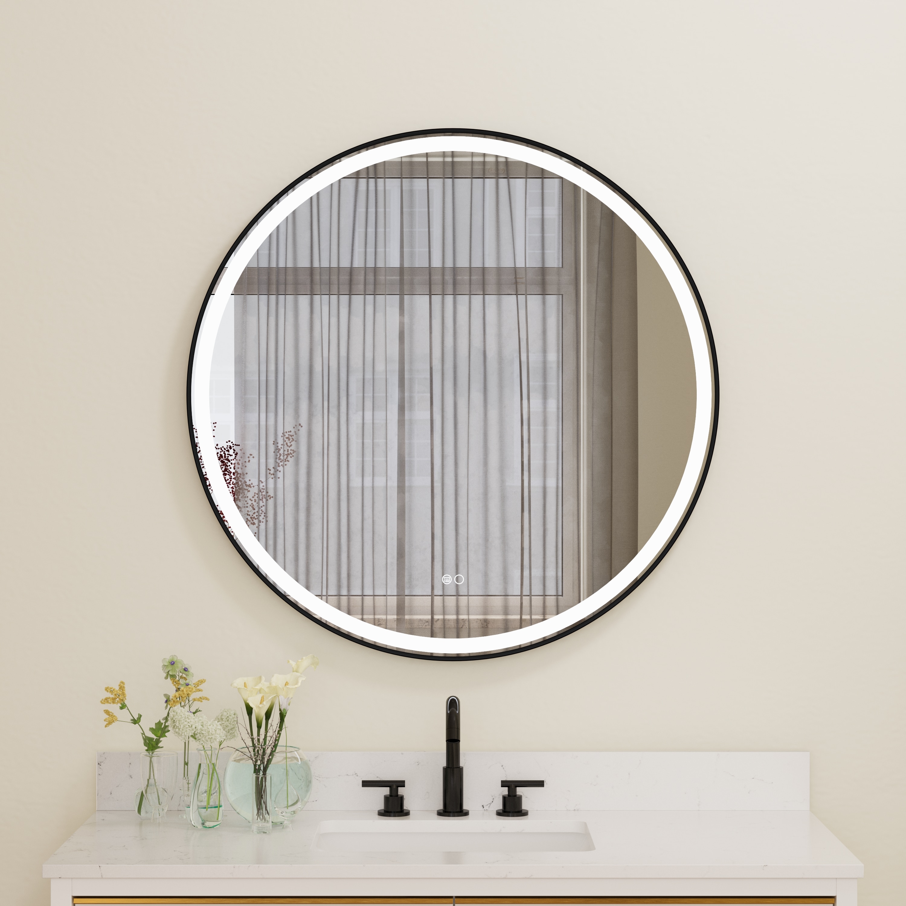 WELLFOR - BONIE 36-in x 36-in Framed Round Dimmable LED Lighted Fog Free Bathroom Vanity Mirror (...