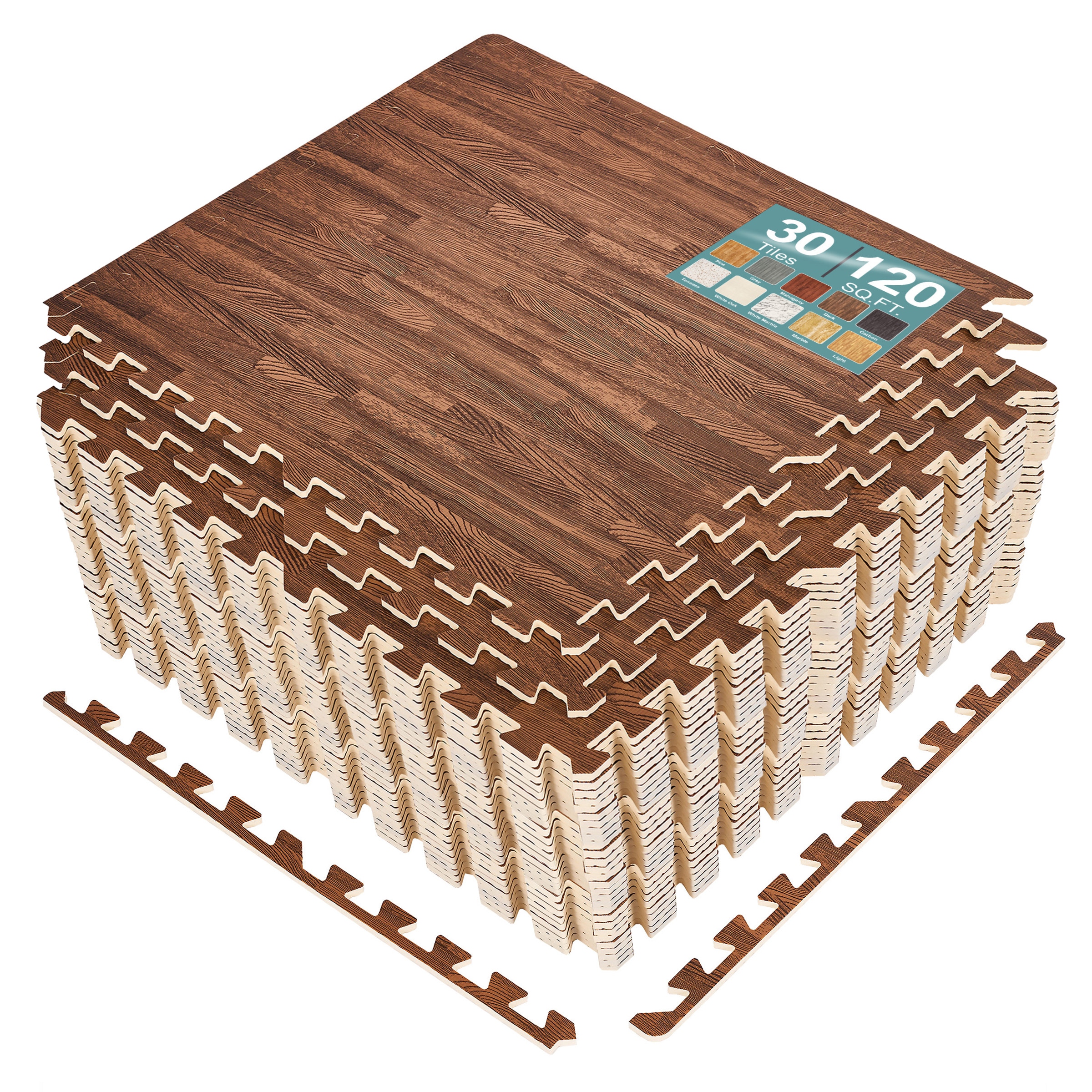 SORBUS 120 Sq Ft Interlocking EVA Foam Wood Grain Floor Tiles with Borders #MAT-WOODARK30