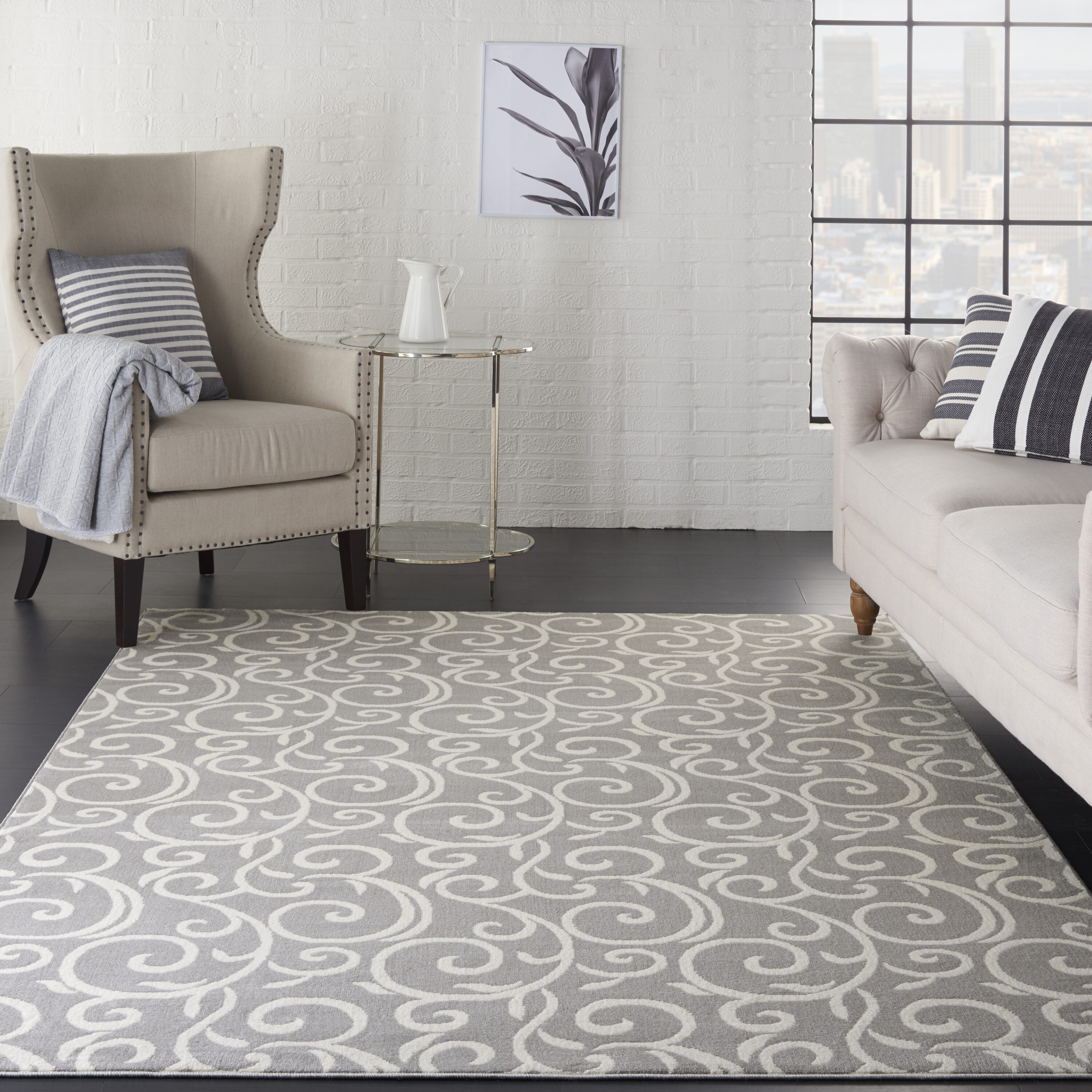 Nourison 99446459176 Grafix 6 x 9 (ft) Loomed Polypropylene Grey Rectangular Indoor Floral/Botanical Bohemian/Eclectic Area rug