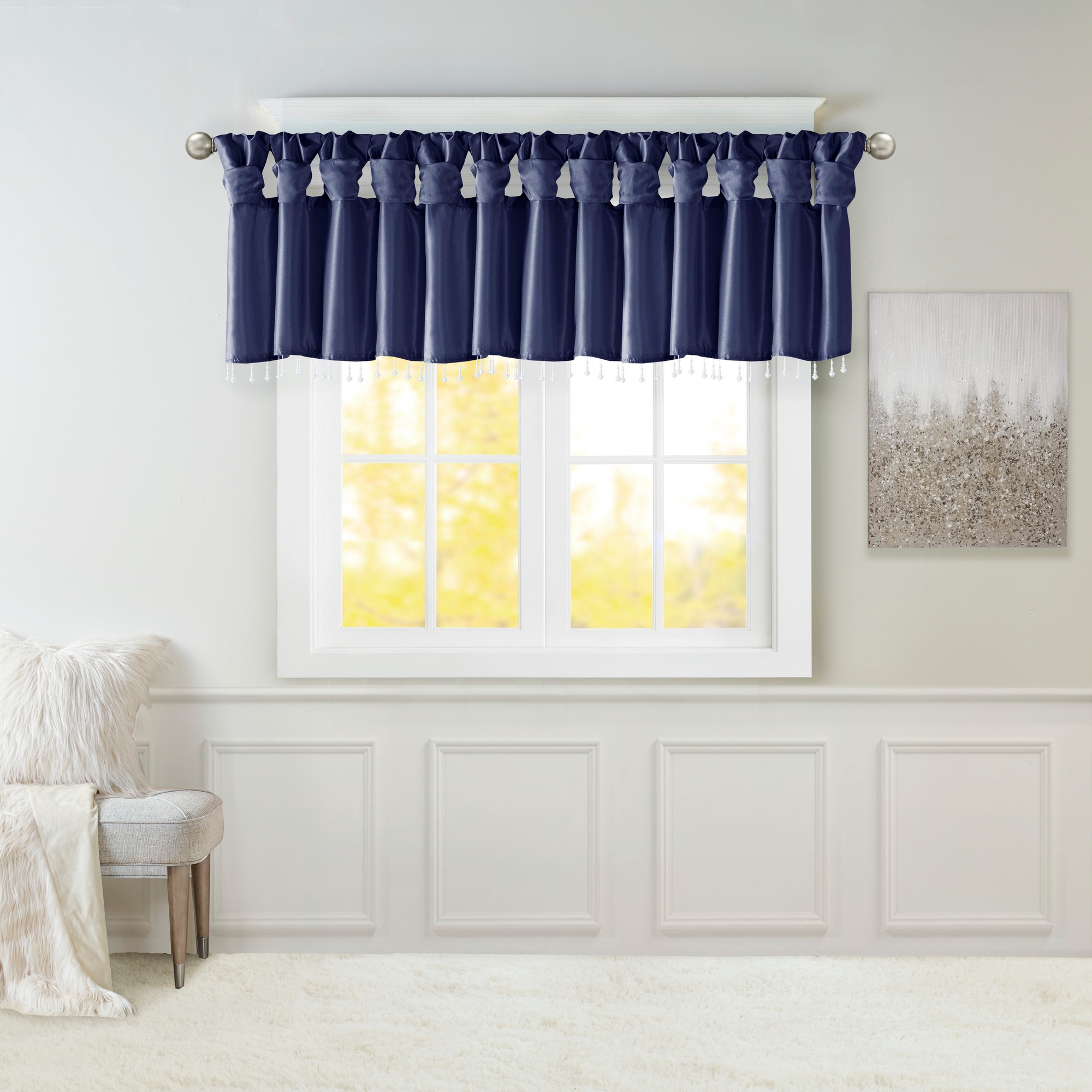 LOVMOR SF-X-B03598385 Lightweight Faux Silk Valance With Beads Navy 50x26