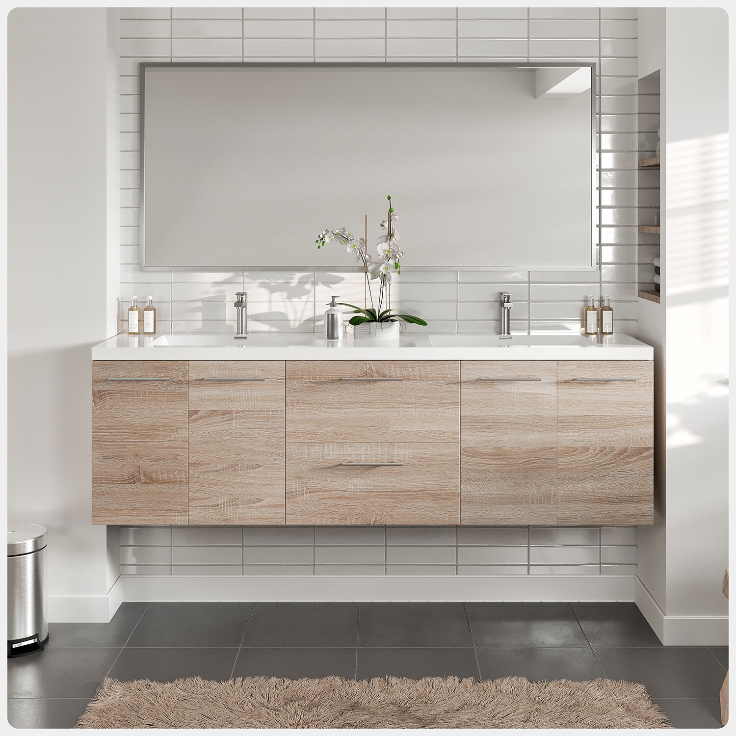 Eviva EVVN404-72WHOK Axis 72-in White Oak Double Sink Floating Bathroom Vanity with White Acrylic Top