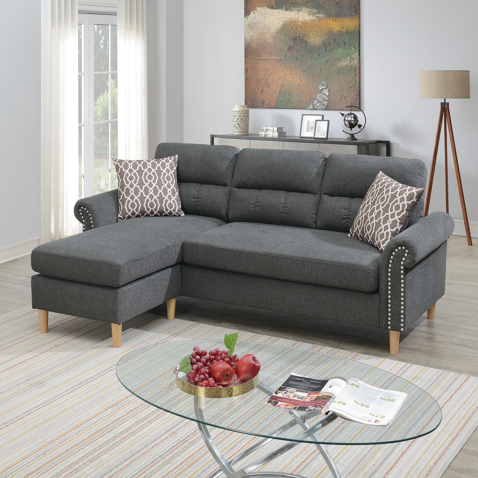 HyperDrop Cart Reversible Sectional Sofa Set Polyfiber Chaise Pillows Plush Cushion Couch Nailheads Slate