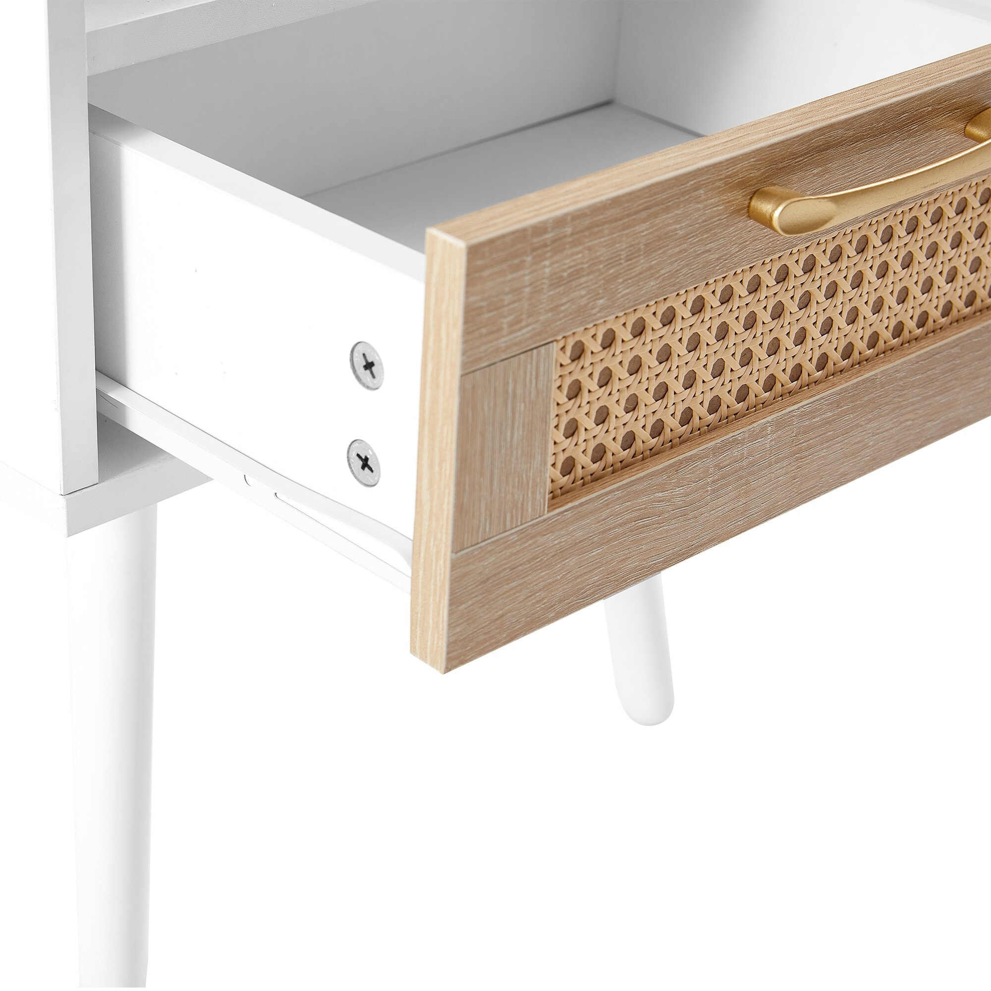 Drawer front with wicker panel and screws