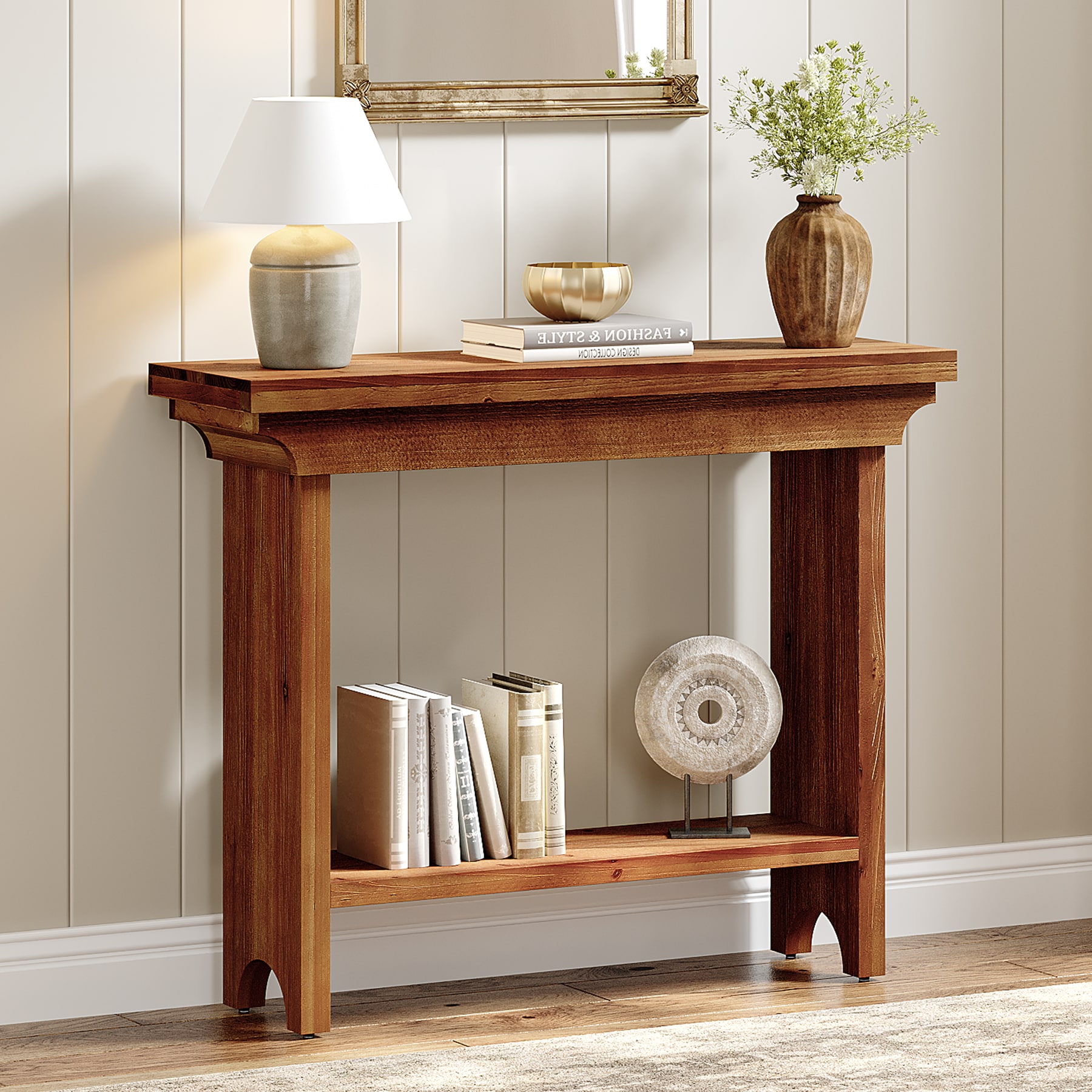 LITTLE TREE 39.4-in W Farmhouse Dark Brown Solid Wood Console Table with 2-Tier Storage Shelves Narrow Sofa Table for Entryway Living Room Hallway