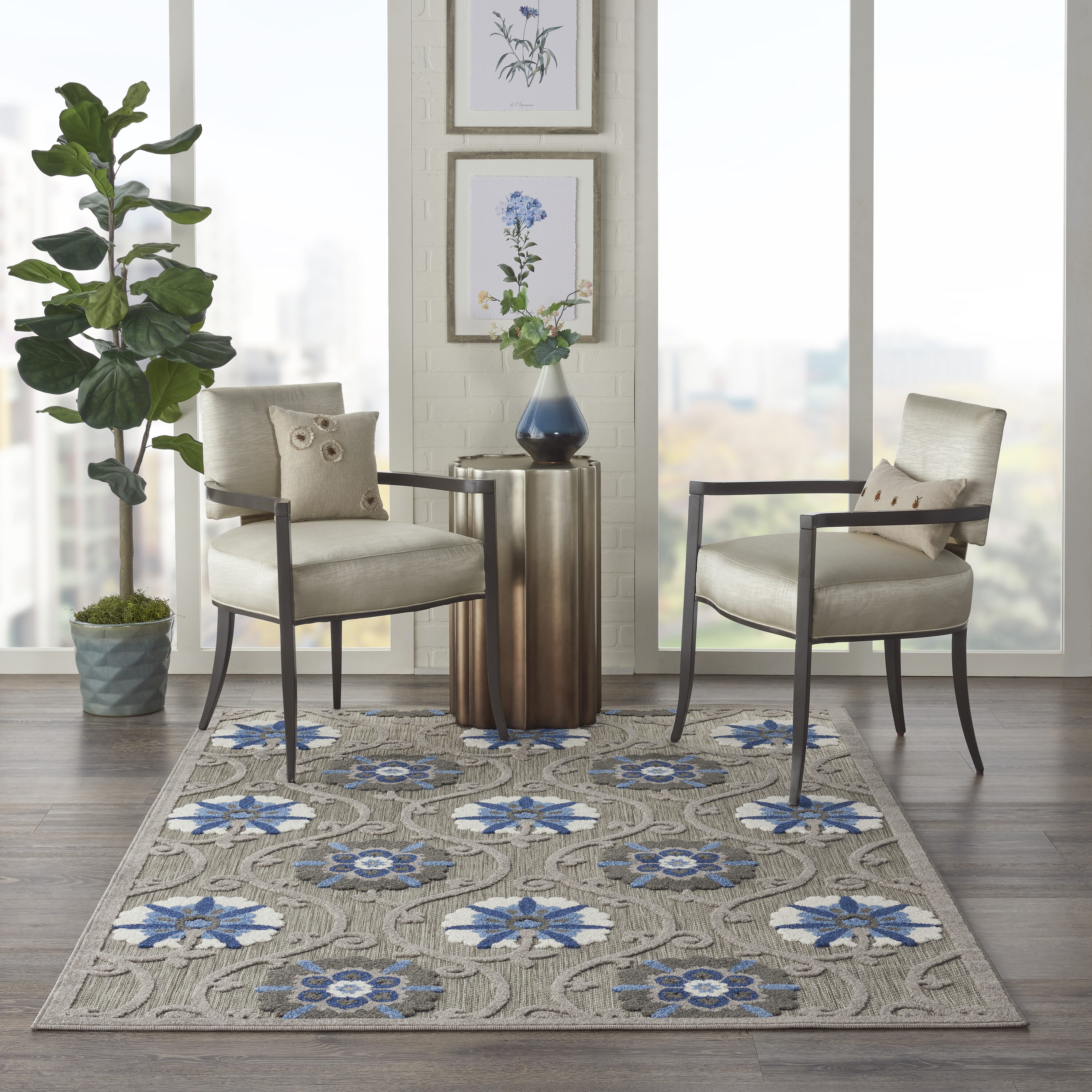 Nourison 99446739407 Aloha 3 x 5 (ft) Loomed Polypropylene Grey/Blue Rectangular Indoor/Outdoor Floral/Botanical Coastal Area rug