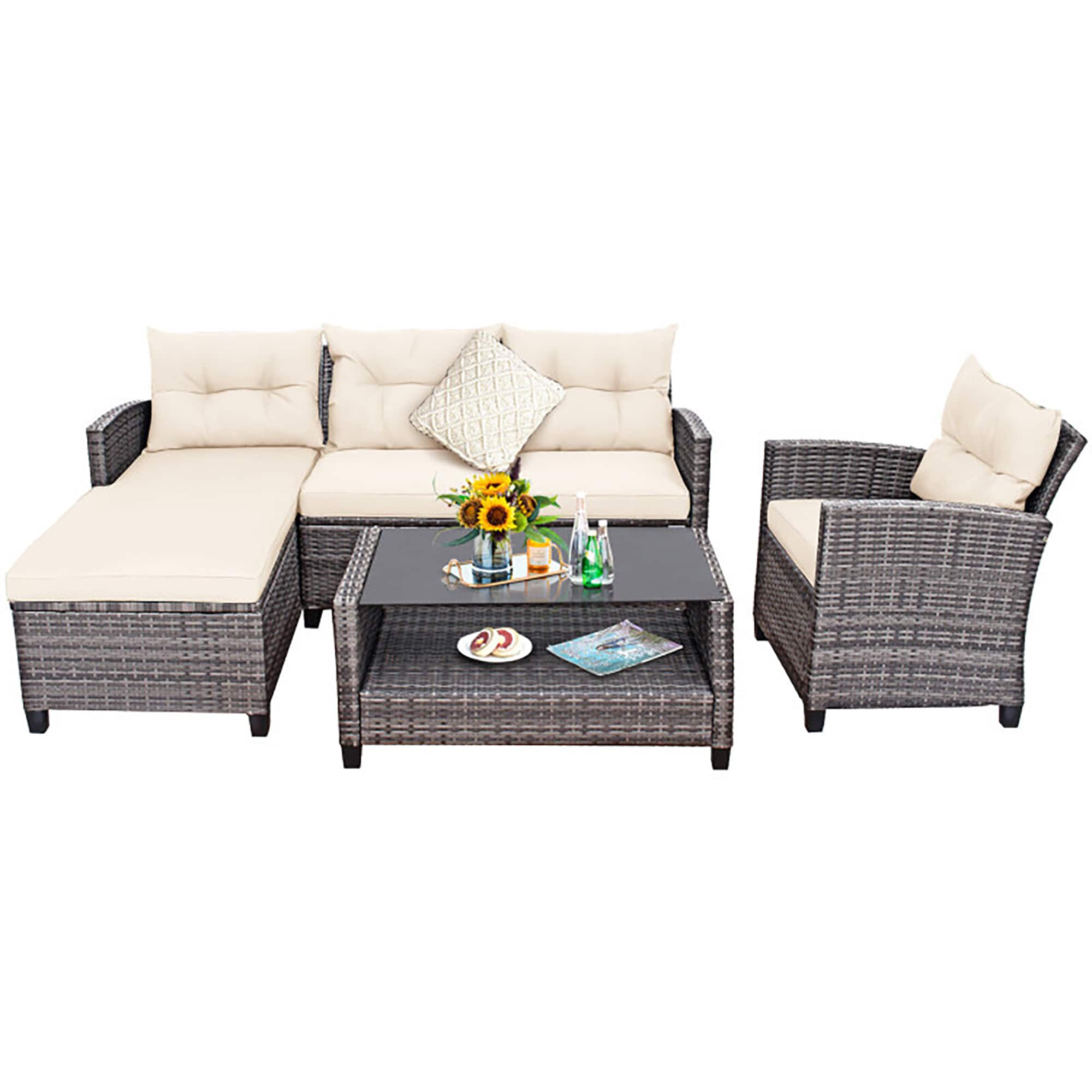 Off-White 5-Person PE Rattan Patio Furniture Set with Cushions and Glass Table