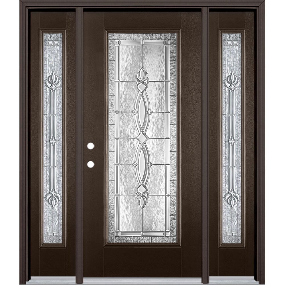 Masonite 3421862 Panama 60-in x 80-in x 4-9/16-in Fiberglass Full lite Right-hand inswing Walnut Stained Prehung Single door with sidelights Front Door with Brickmould Insulating core Decorative glass