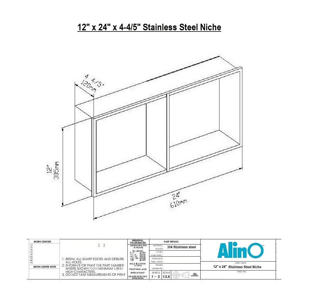 AlinO 12x24-Inch Nickel Stainless Steel Shower NICHE | SNI-12-NKL24