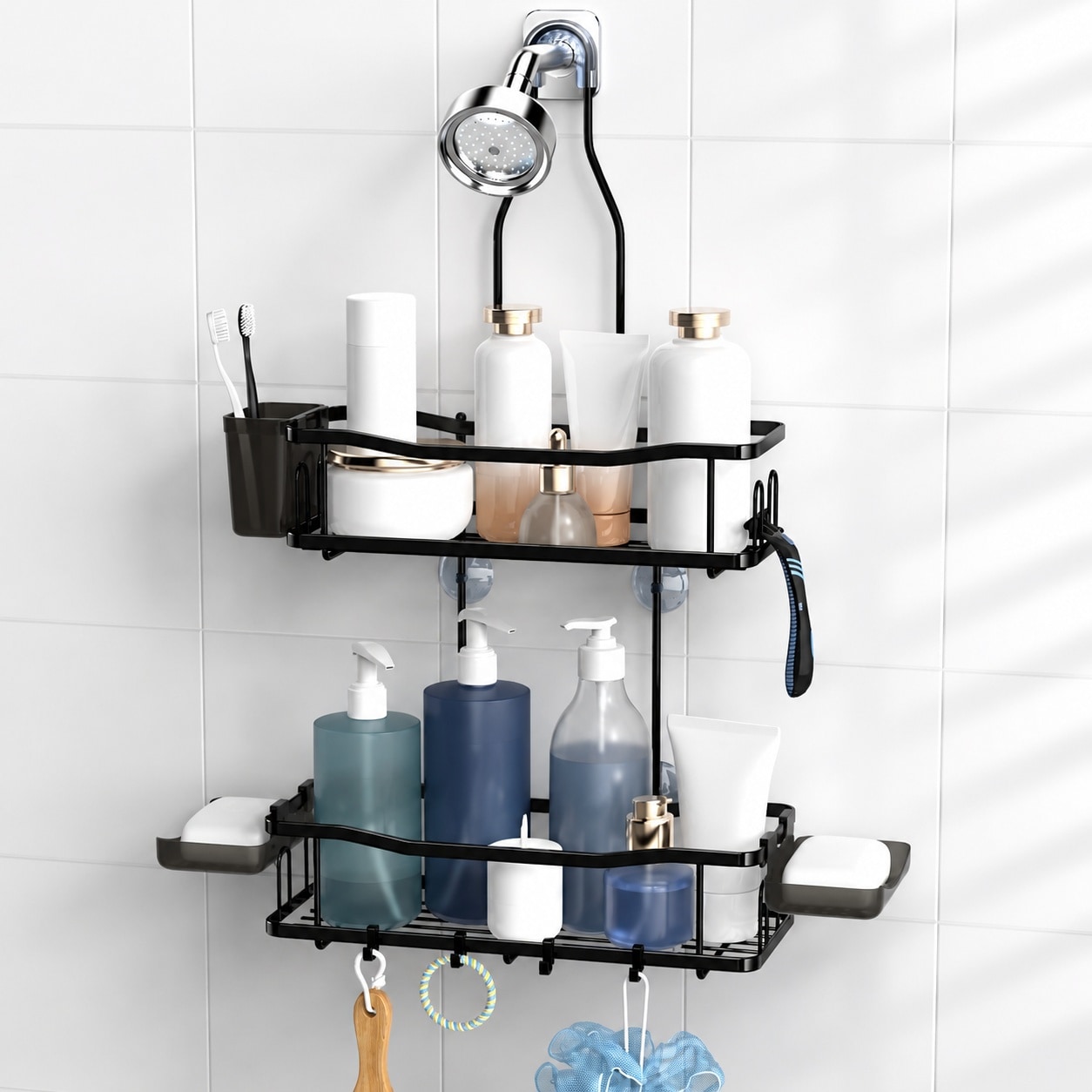 Oyezvary  Hanging Shower Caddy Bathroom Organizer Rustproof Shower Shelf Rack Over Shower Head No Drilling Bath Shower Rack Shelves for Shampoo