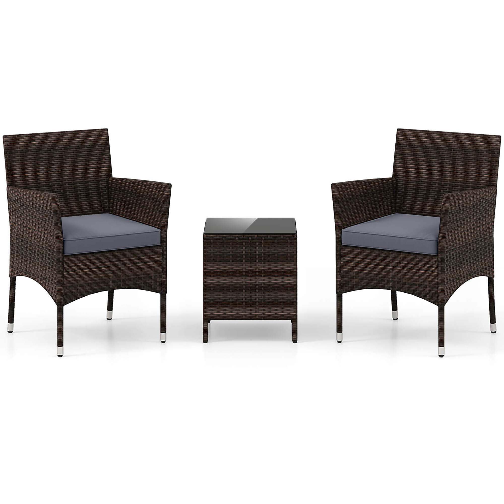 Costway HCST05248 3 -Piece Rattan Patio Conversation Set with Gray Cushions