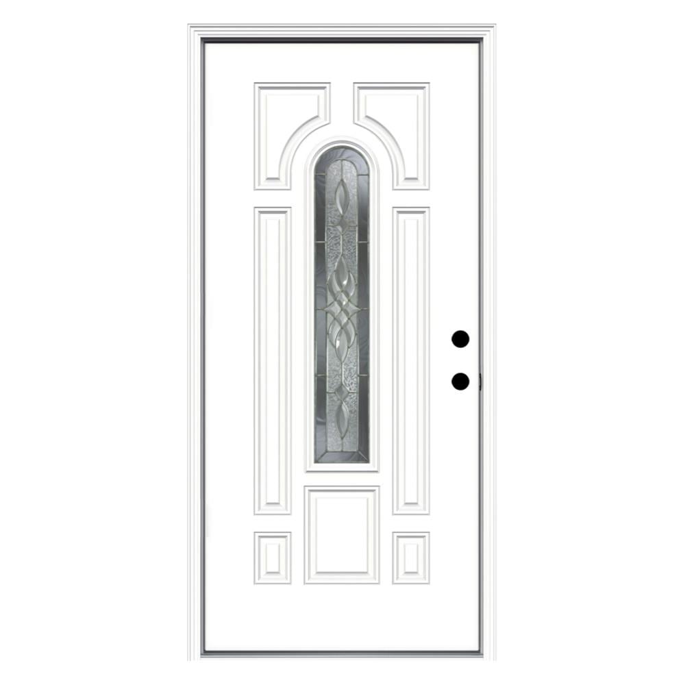 JELD-WEN LOWOLSTL36HRPALH Hampton 36-in x 80-in x 4-9/16-in Steel Center arch lite Left-hand inswing Primed Prehung Front Door with Brickmould Insulating core