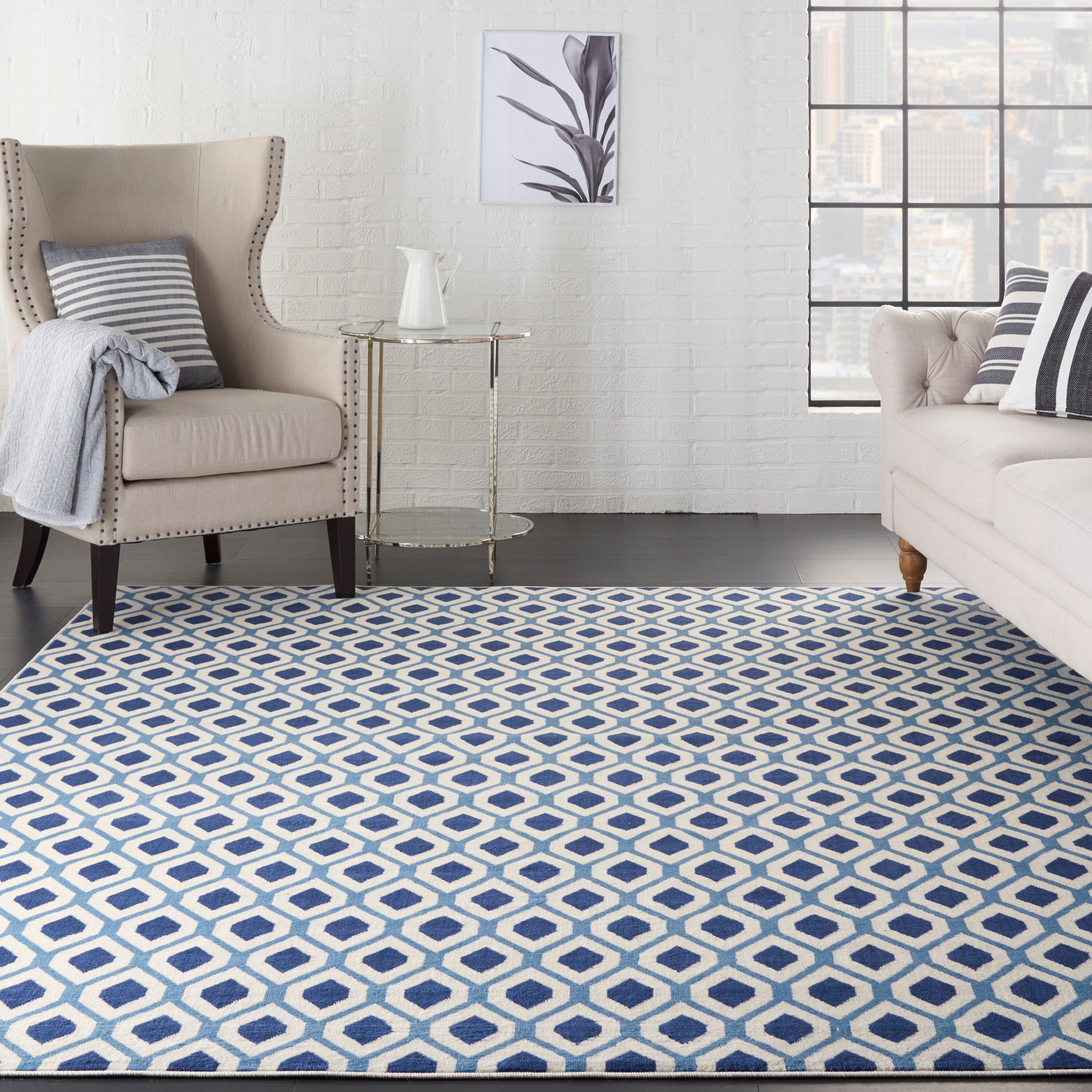 Nourison 99446412171 Grafix 8 x 10 (ft) Loomed Polypropylene White/Navy Rectangular Indoor Abstract Area rug