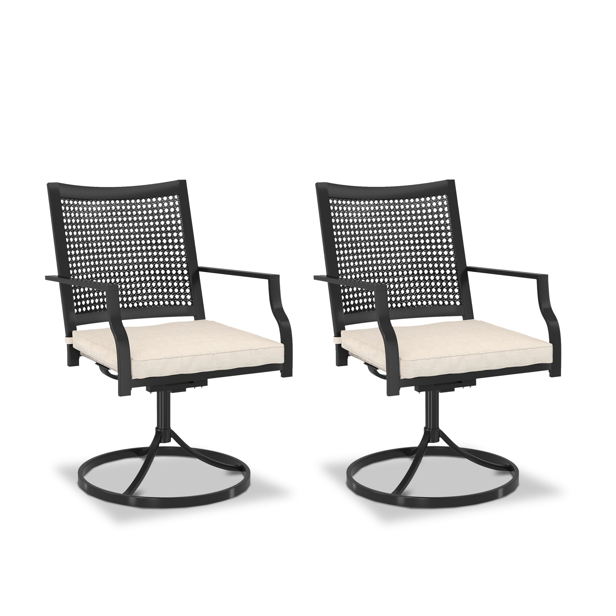 CASAINC WF-SM-H-LB Patio Chairs Set of 2 Woven lron Frame Swivel Dining Chair Set of 2 Woven Black Iron Frame Swivel Dining Chair with Off-white Cushioned Seat
