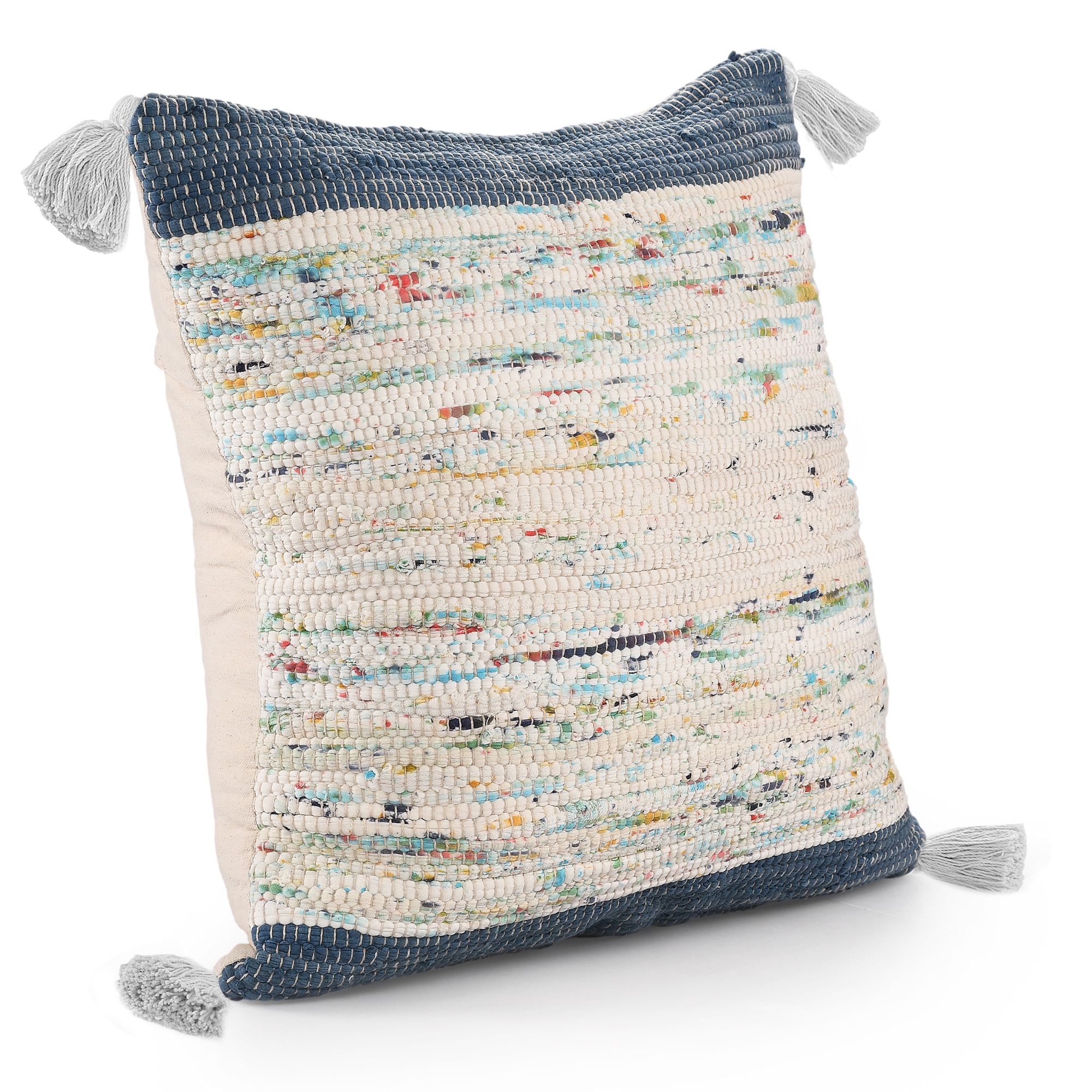 Revive Handwoven Blue and Multicolor Cotton Throw Pillow, 20" x 20"