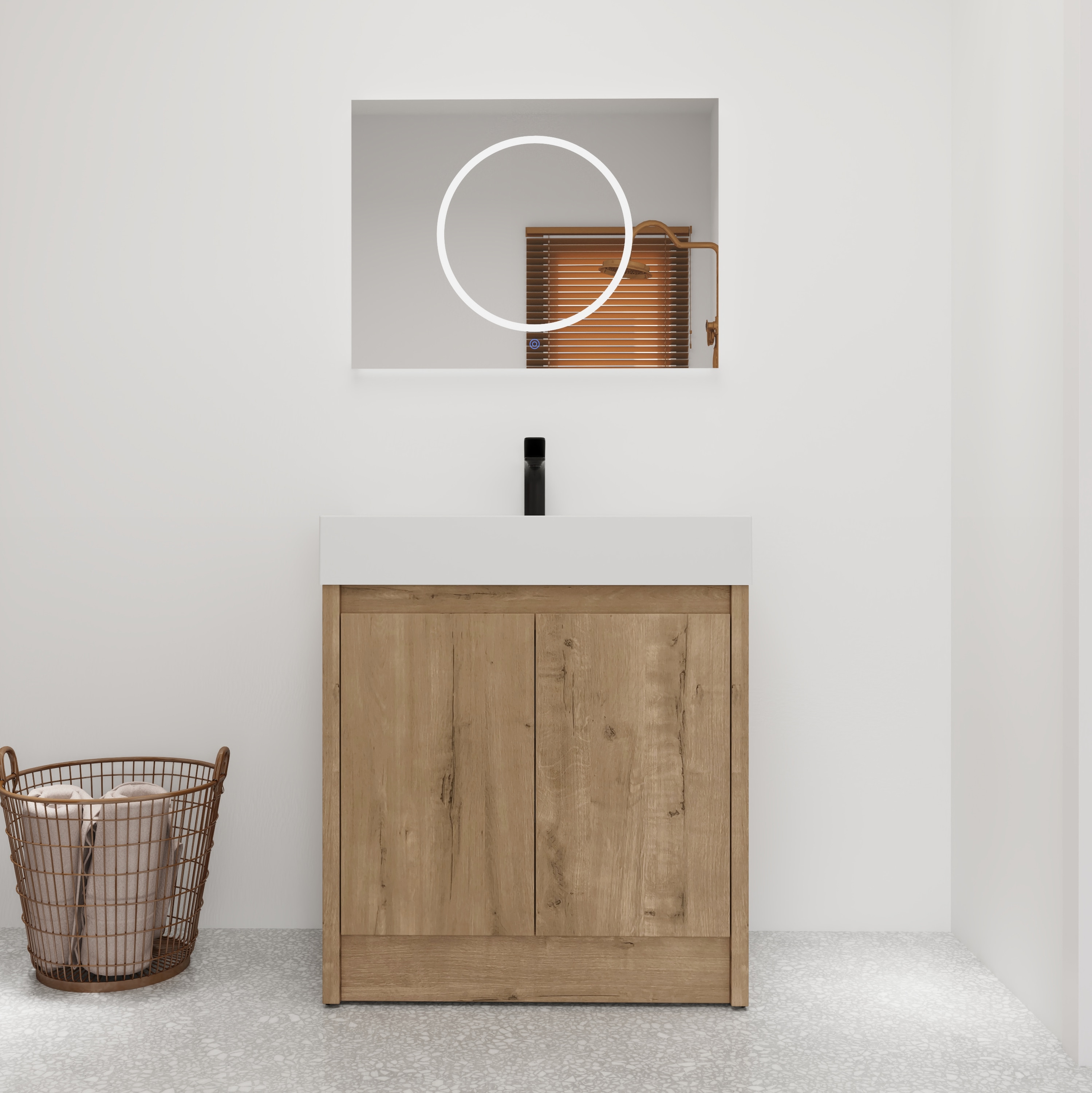 Forclover QNM-0424-IMO Freestanding Soft-Closing 30-in Imitative Oak Single Sink Bathroom Vanity with White Cultured Marble Top