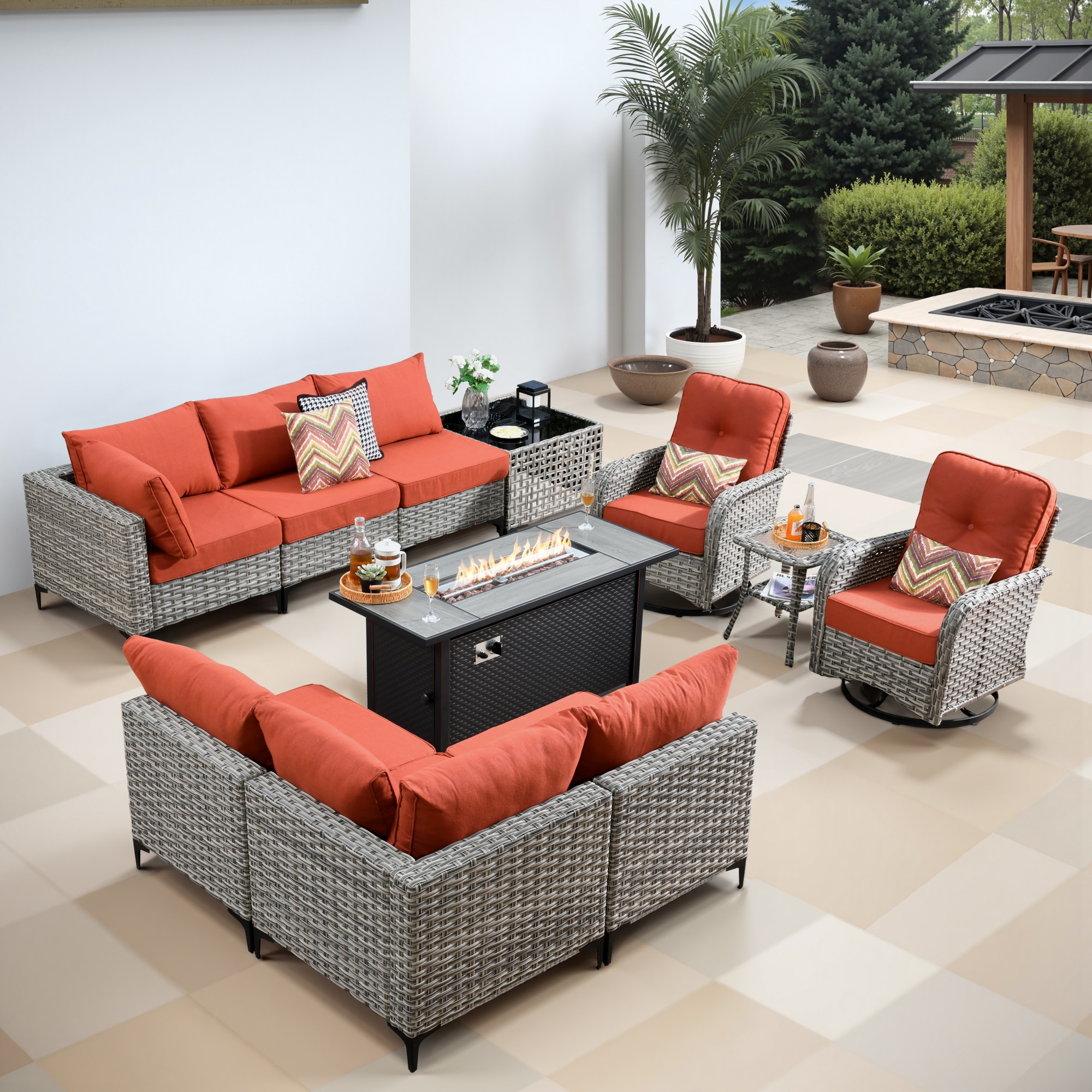 weaxty CFP85DSCRRSYZVNC811 11-Piece Wicker Patio Conversation Set with Orange Cushions