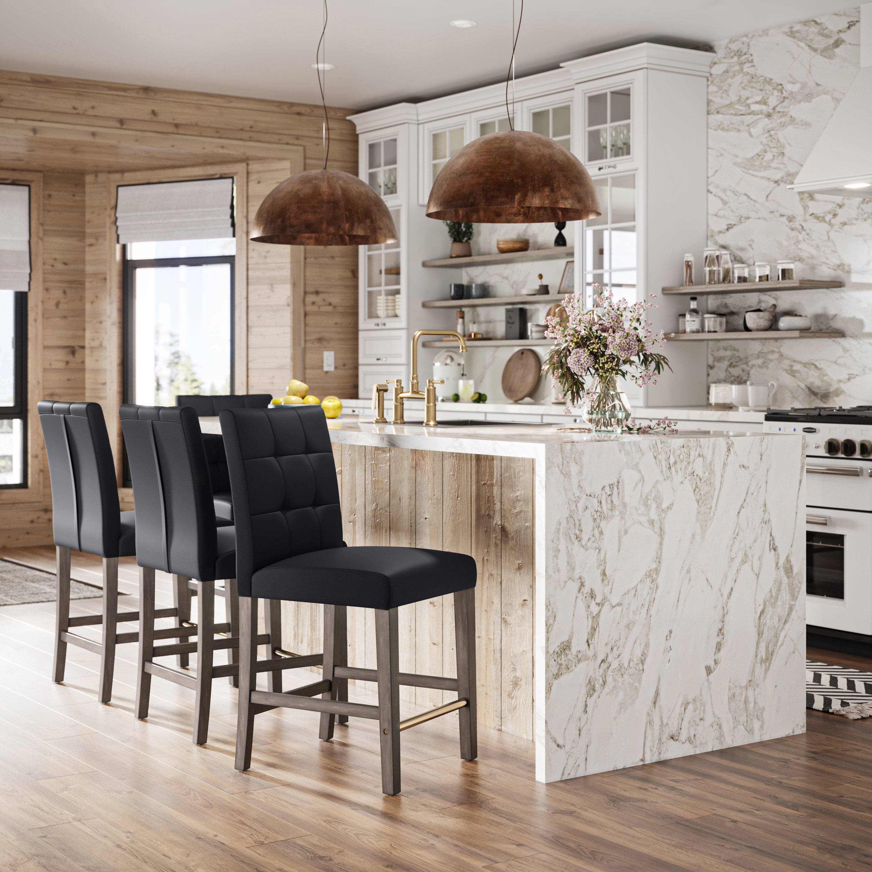 Graphite Black Vegan Leather and Wood Counter Height Barstool