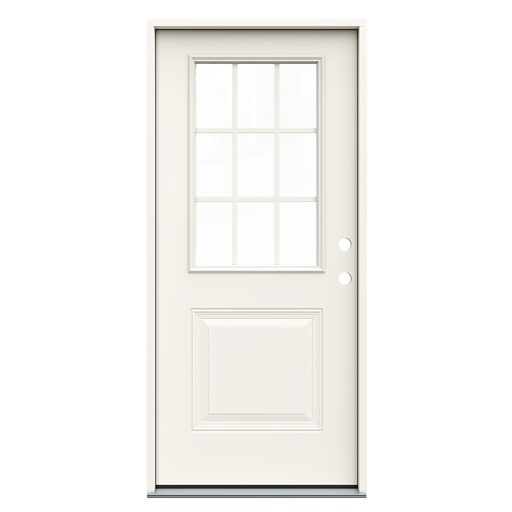 JELD-WEN JWPRO239200203 36-in x 80-in x 4-9/16-in Steel Half lite Left-hand inswing Primed Prehung Front Door Insulating core with Grilles