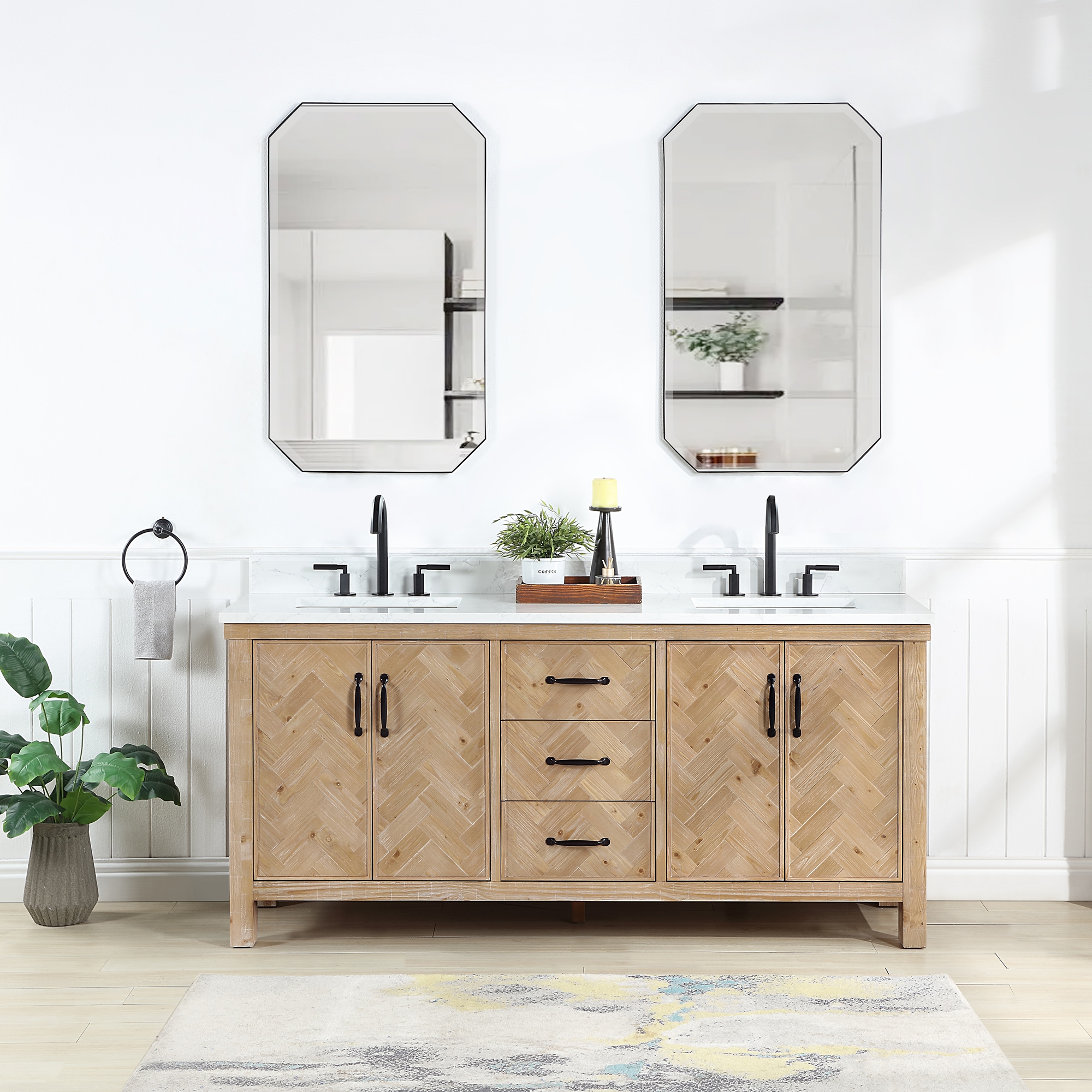 Vinnova 706872-AR-GW-NM Javier 72-in Spruce Antique Brown Finish Undermount Double sink Bathroom Vanity with White Grain Engineered stone Top