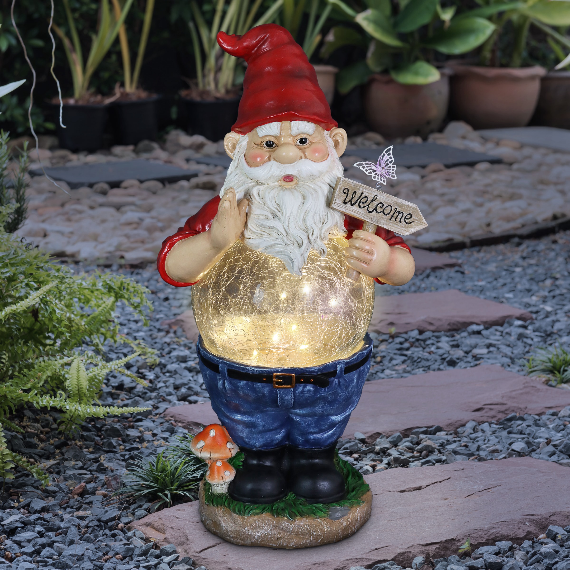 Exhart Solar Crackle Ball Belly, 16 Inches Tall Gnome with Multi Color ...