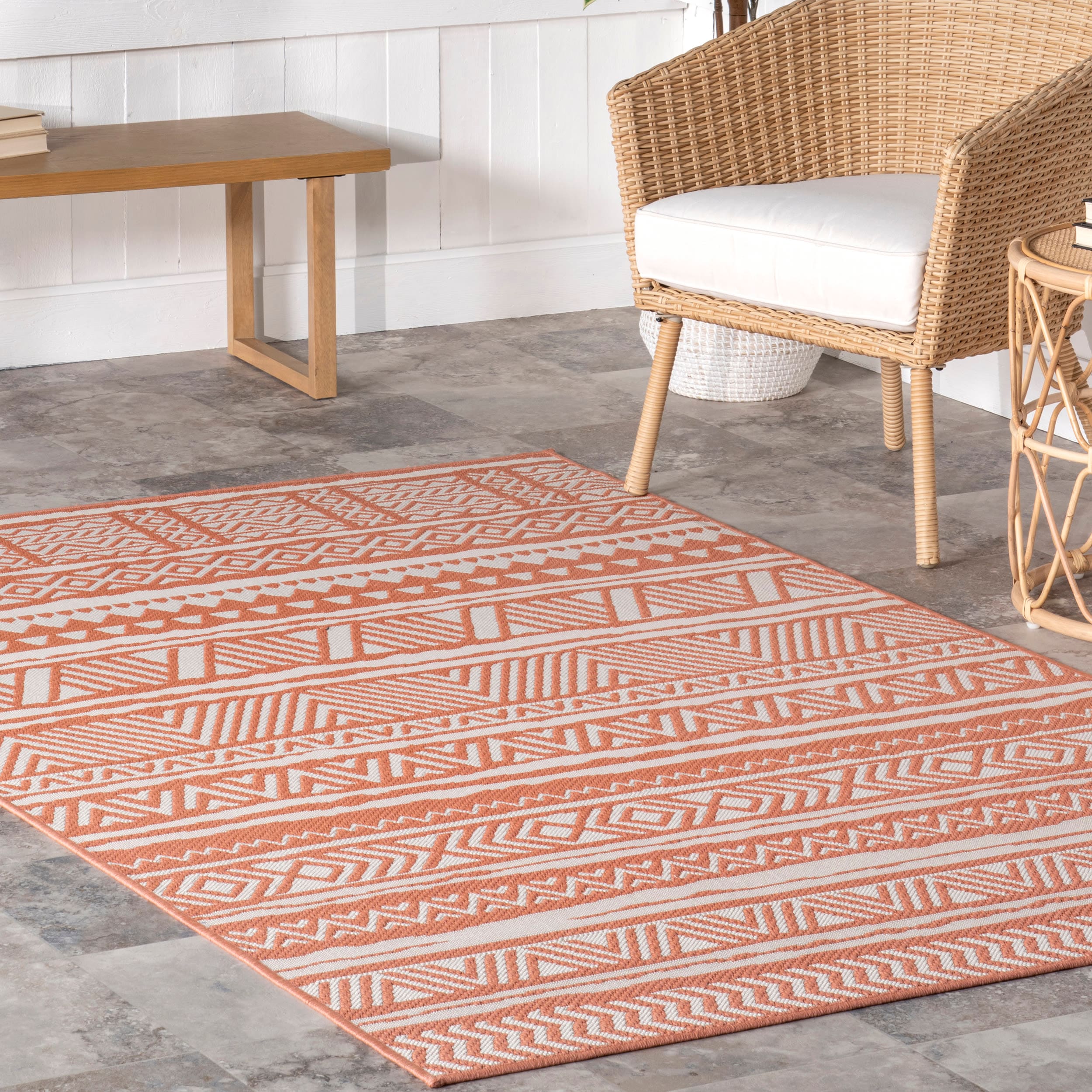 Coral and White Synthetic Rectangular Indoor/Outdoor Area Rug