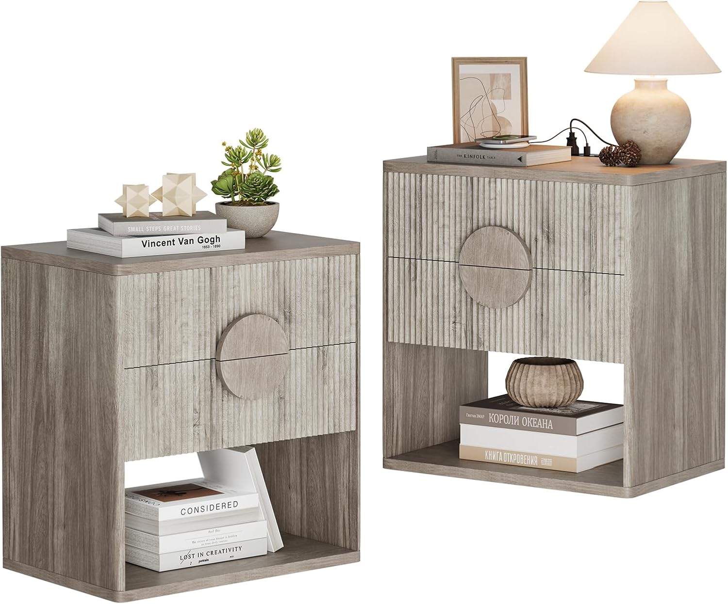 Qeetex WLS-PHO-34R7D6A7 2Pcs Fluted Nightstand Set of 2 with Charging StationSide Table with 2 Drawer Modern Farmhouse Nightstand with Open Shelves for Bedroom Sofa Office