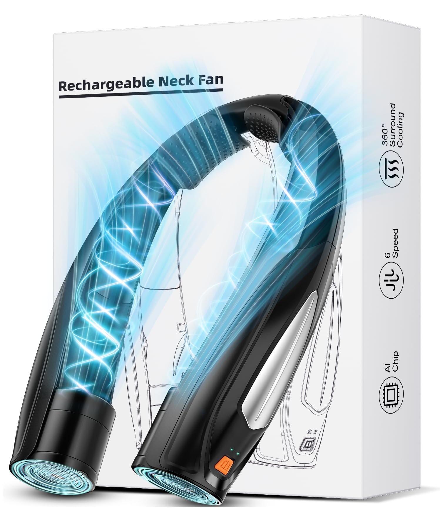 Vrbgify  portable wearable neck fan 6 speed adjustable dual turbine motor hands free personal cooling fan for indoor outdoor travel 1 Piece